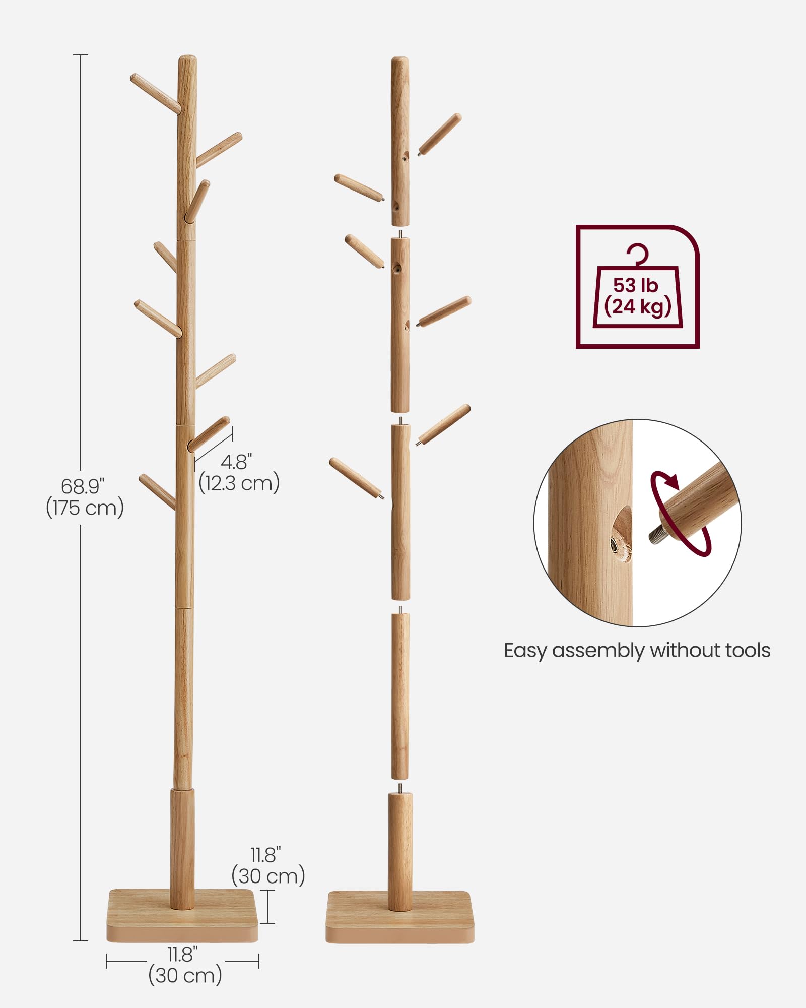 VASAGLE Solid Wood Coat Rack - Freestanding Hall Tree | 3 Height Options | 24 kg Capacity 7
