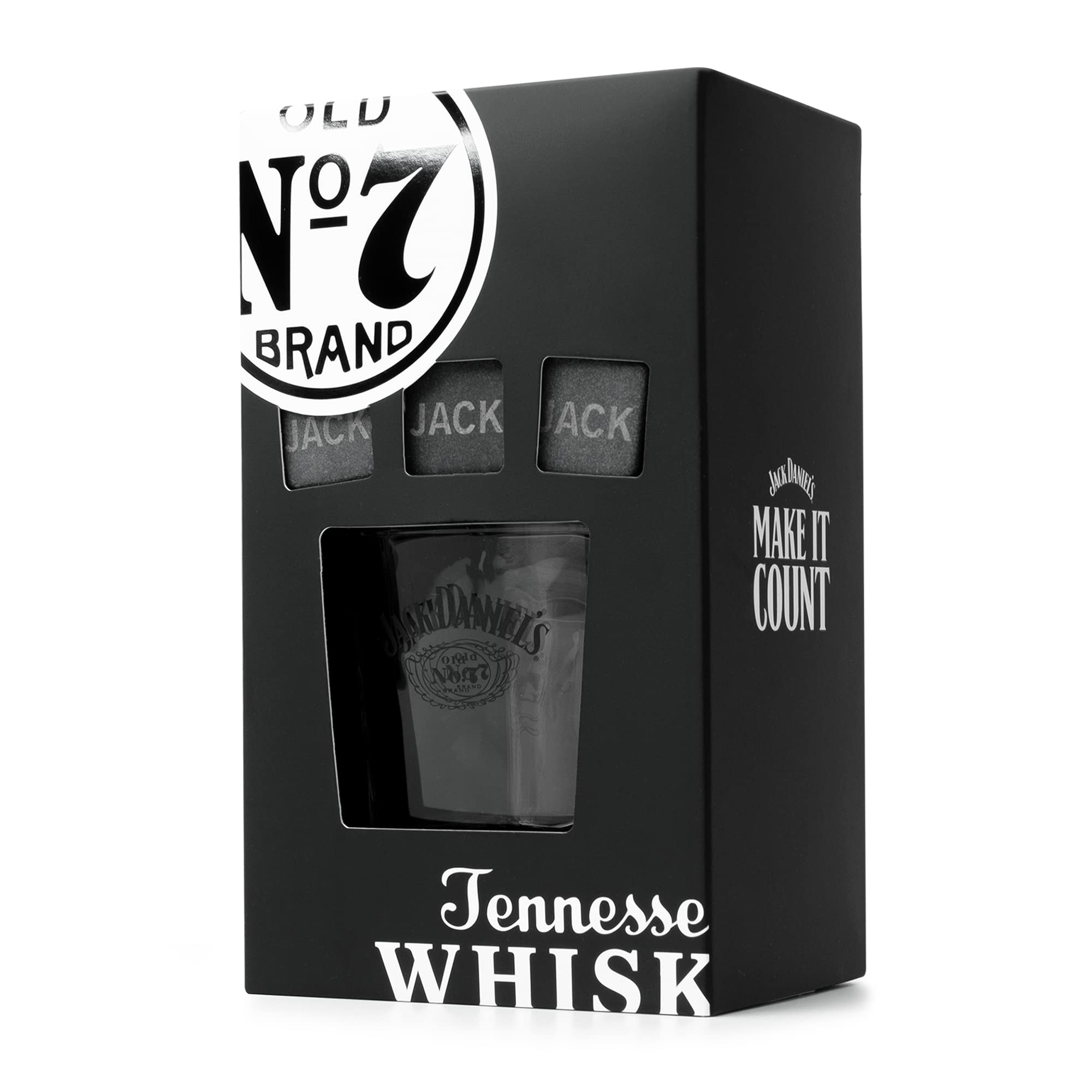 BEAMS INTERNATIONAL Jack Daniels Whiskey Stones and Glass Gift Set | 1 Glass, 3 Stones | 330ml/11oz 6