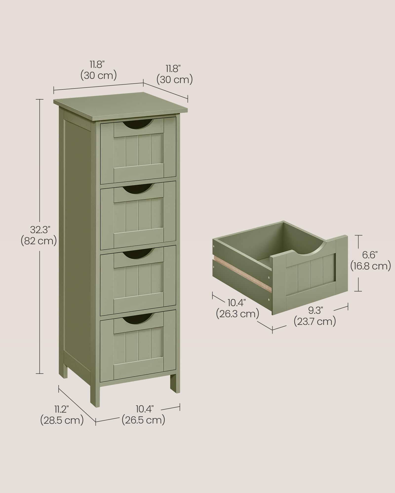 VASAGLE Bathroom Floor Storage Cabinet - 4 Drawers | 30 x 30 x 82 cm | Laurel Green | MDF 3