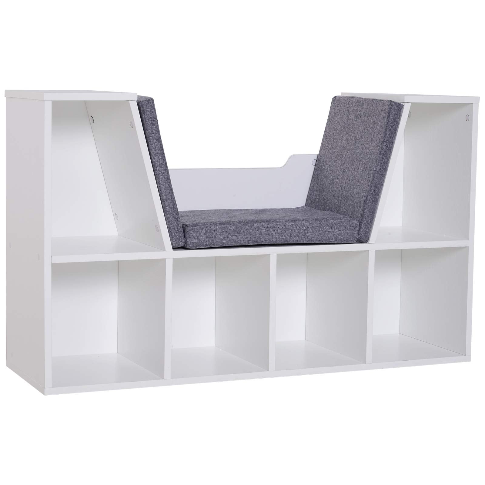 HOMCOM Bookcase Storage Shelf with Cushioned Reading Seat | 6 Cubbies | White Engineered Wood
