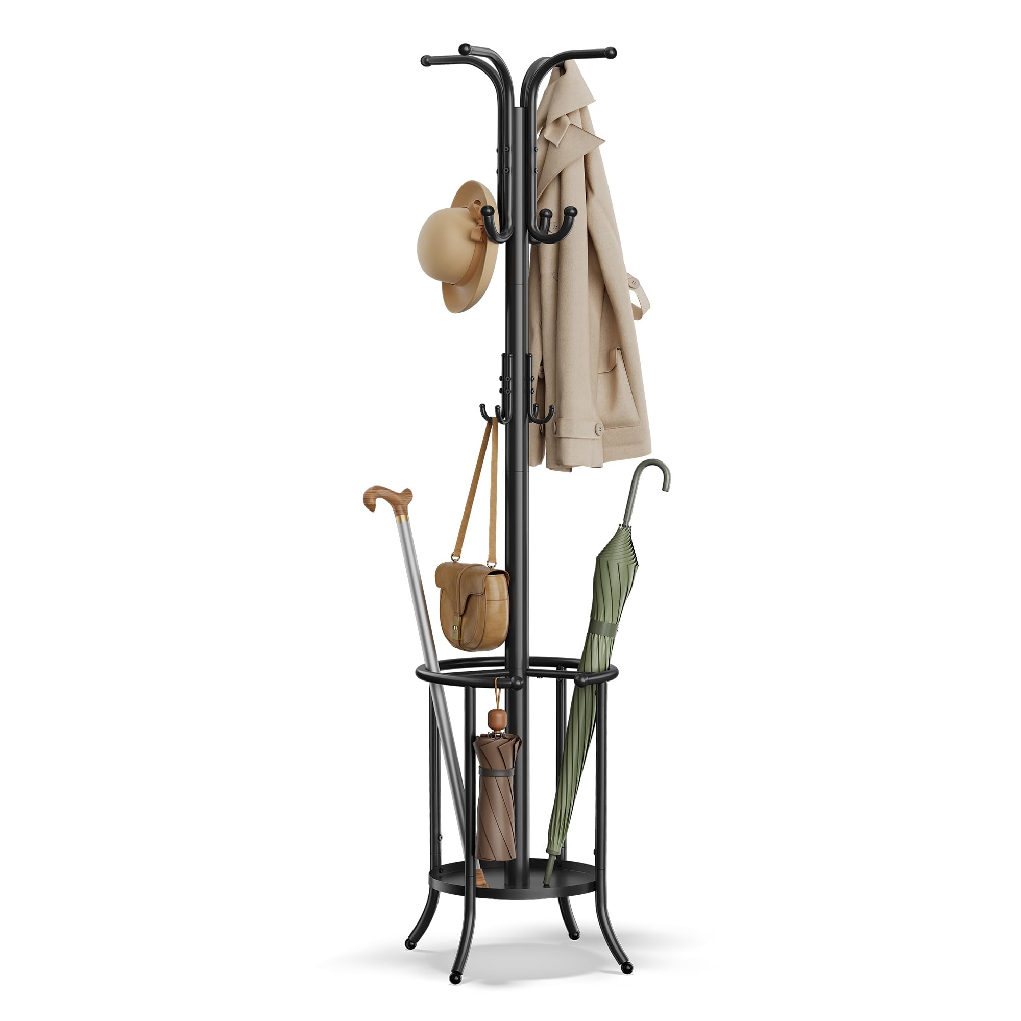 SONGMICS Freestanding Coat Rack with Umbrella Holder | 12 Hooks | Metal | Black