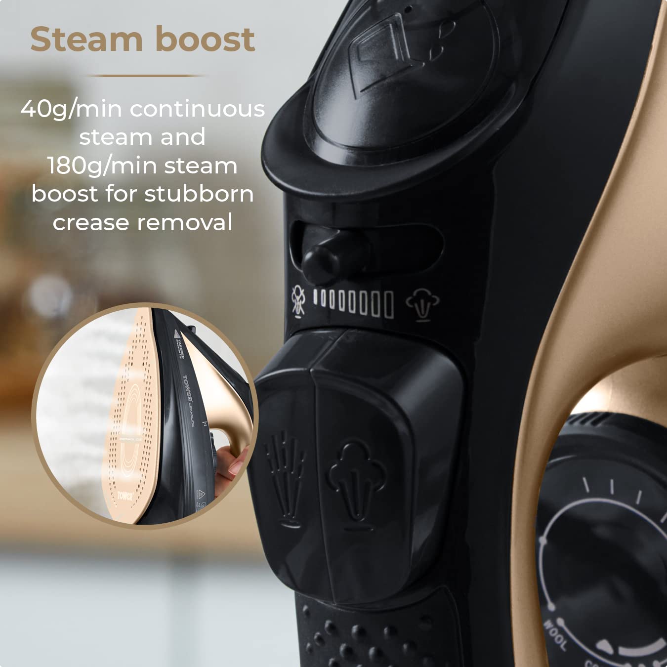 Tower T22008BKG CeraGlide Cordless Steam Iron - 2400W Power | Cordless/Corded Use | Ceramic Soleplate 6