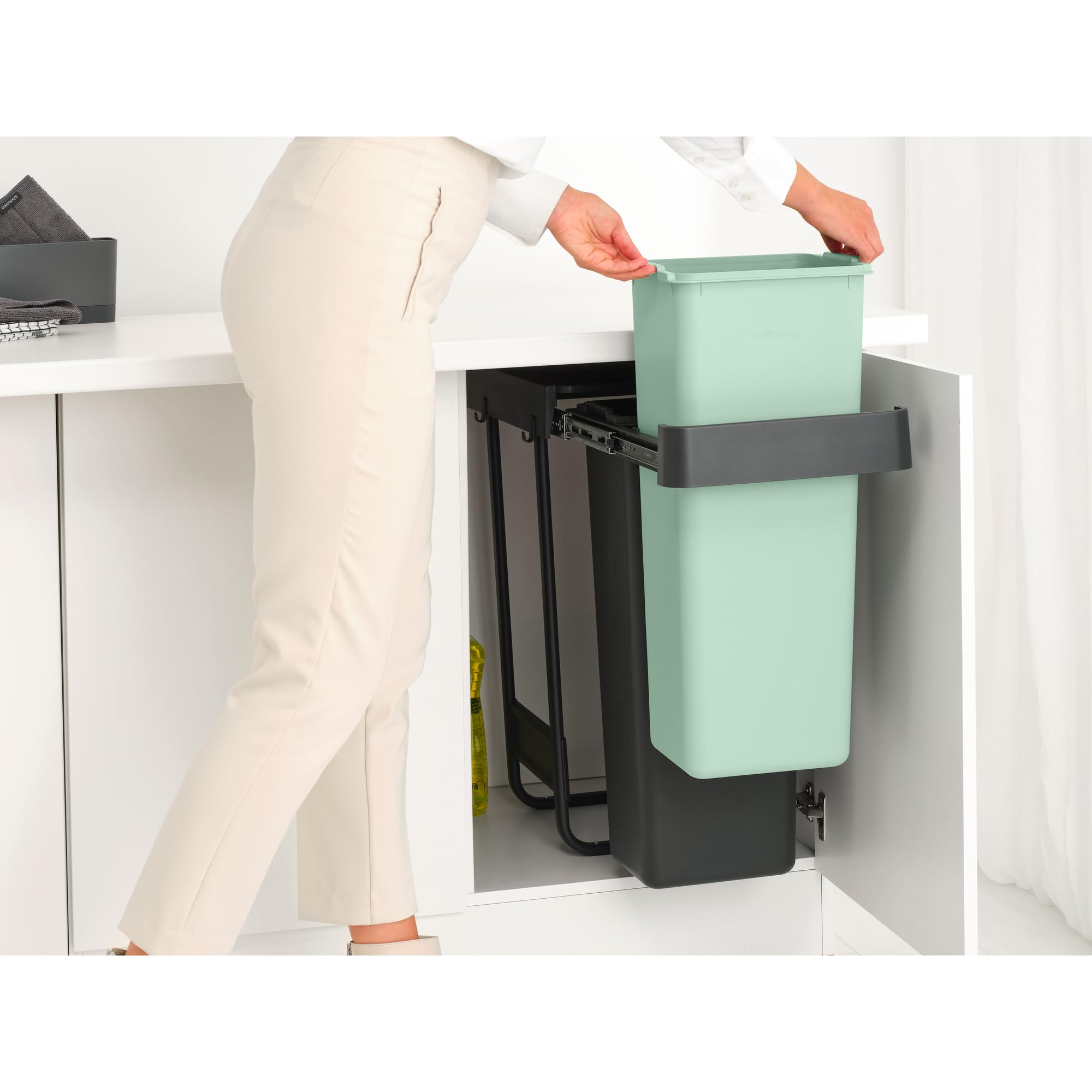Brabantia Sort & Go Pull Out Bin - Dual 30L Capacity | Built-in Under Sink | Grey/Green 5