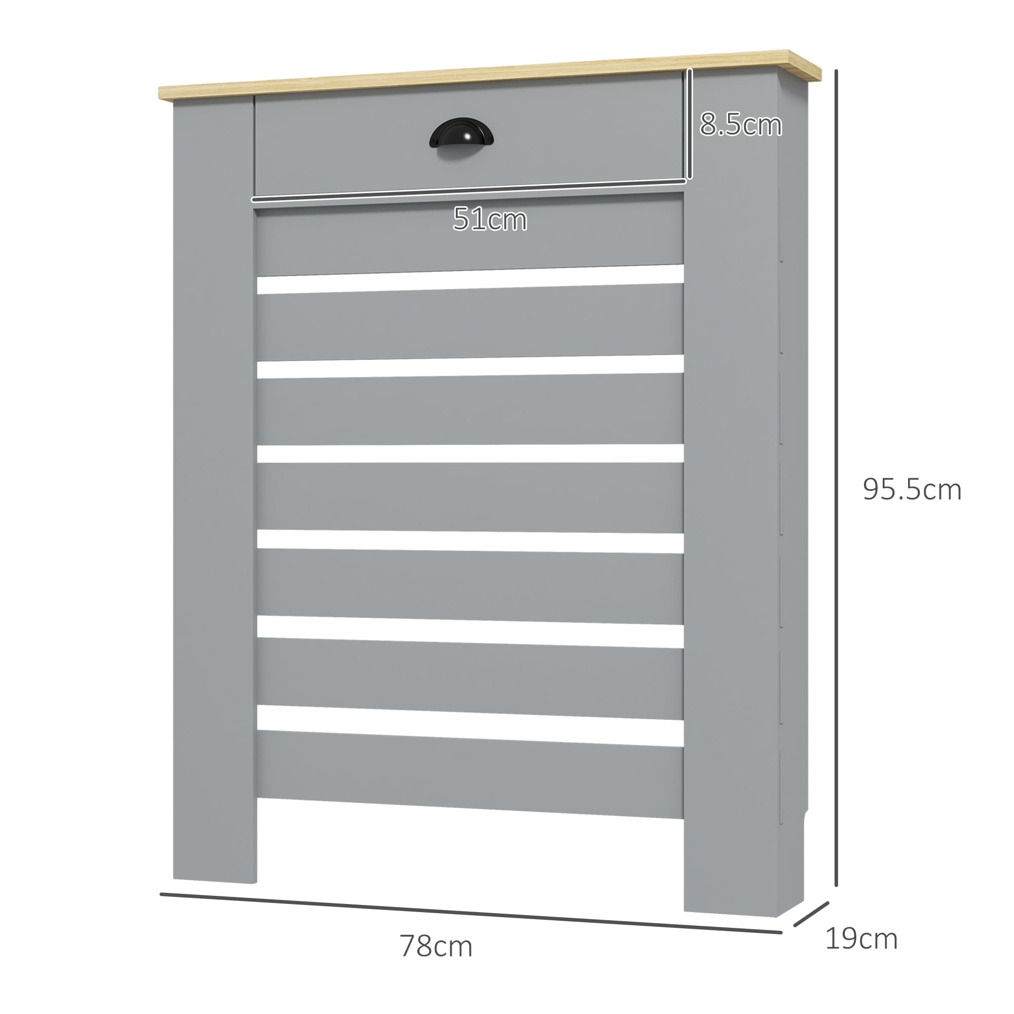 HOMCOM Radiator Cover with Drawer - Horizontal Slatted Grill, Grey Painted M | 78W x 95.5H cm 7