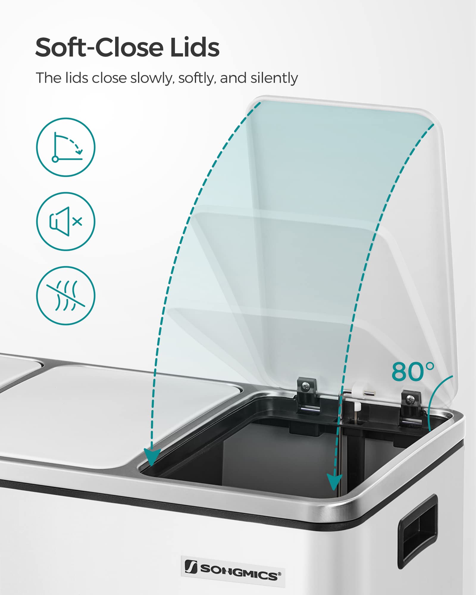 SONGMICS Kitchen Waste Separation System - 3 x 18L Compartments, Soft-Close Lids, Steel, Cloud White 5