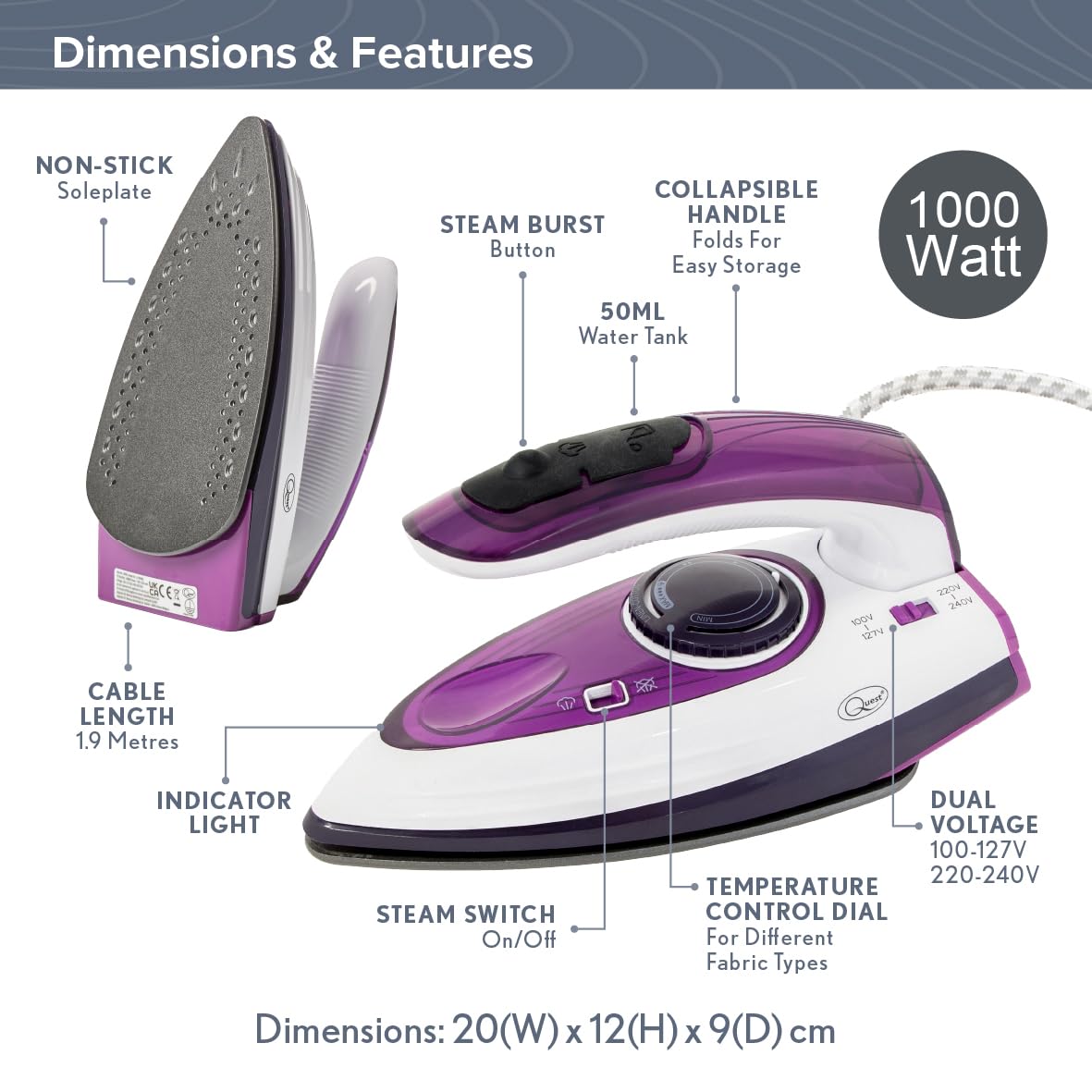 Quest 34030 1000W Travel Steam Iron - Collapsible Handle, Dual Voltage, 50ml Tank 2