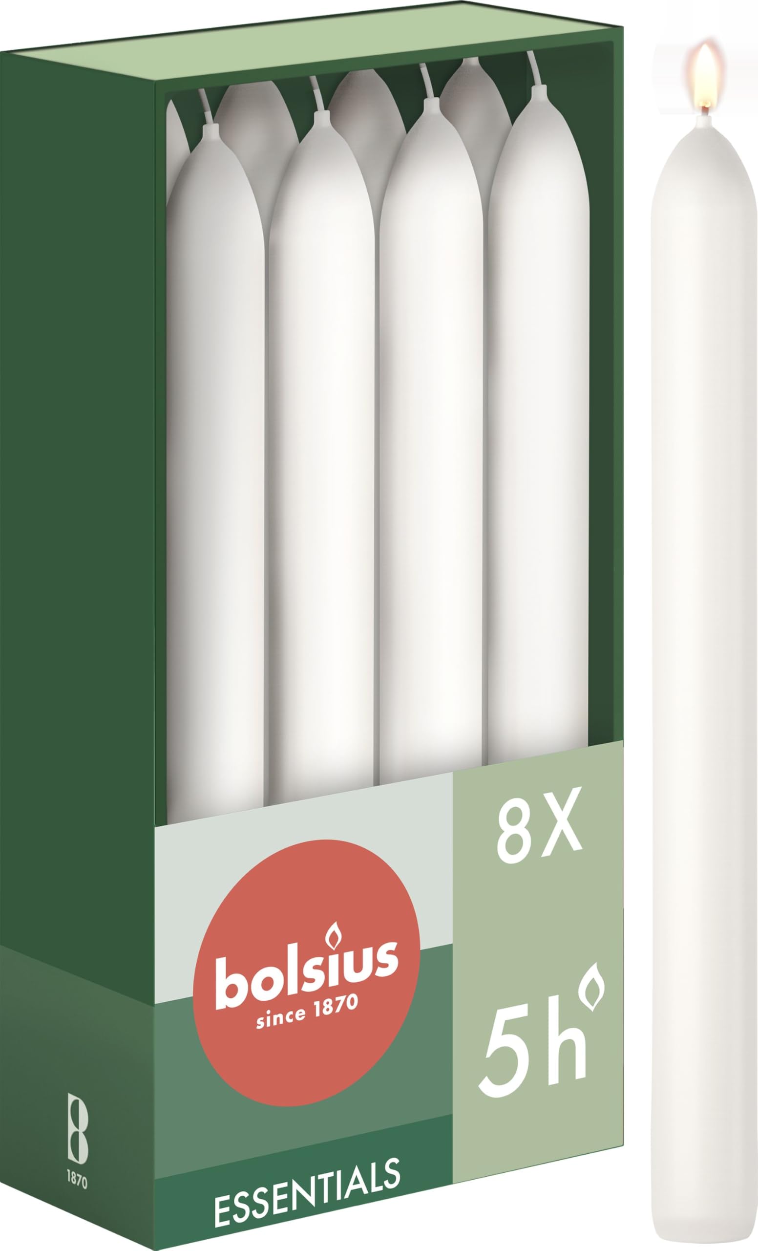 BOLSIUS Tapered Dinner Candles - White, 8-Pack | 17 cm Height | 5 Hour Burn Time