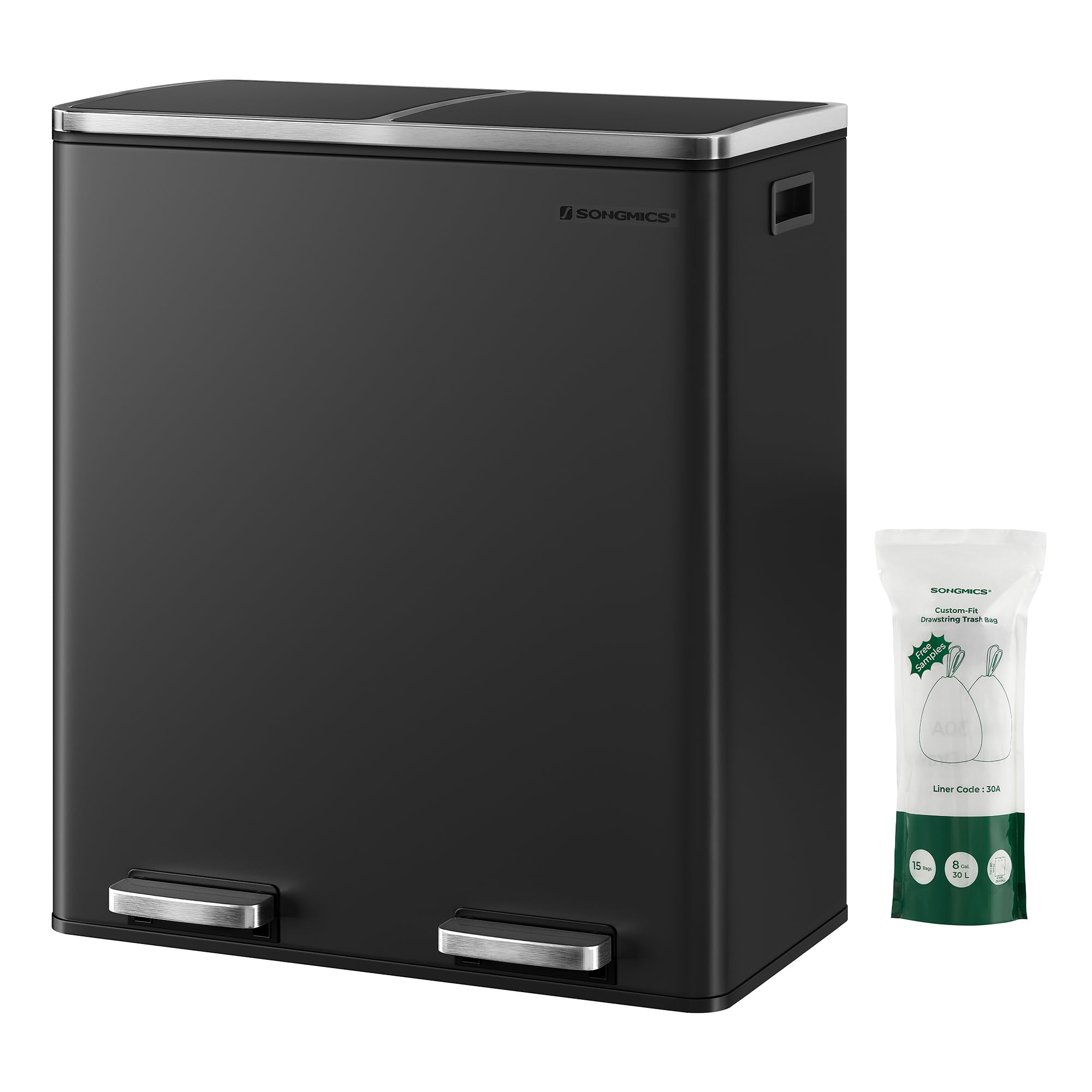 SONGMICS Dual Rubbish Bin - 2 Compartment Recycling Bin with Pedals | 2 x 30 L | Black LTB60BK 1