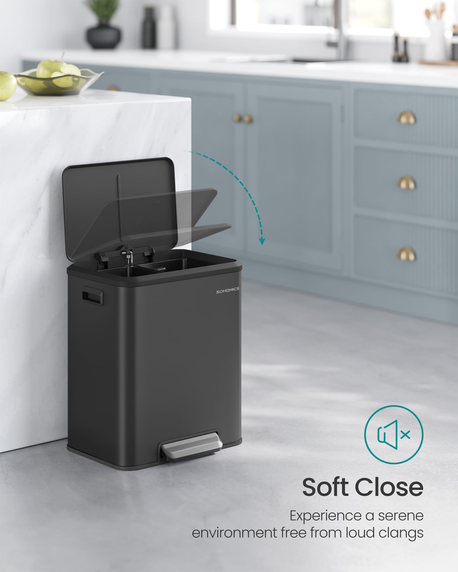 SONGMICS Kitchen Bin - Double Compartment Recycling System | 2 x 15L Capacity | Ink Black Steel 3