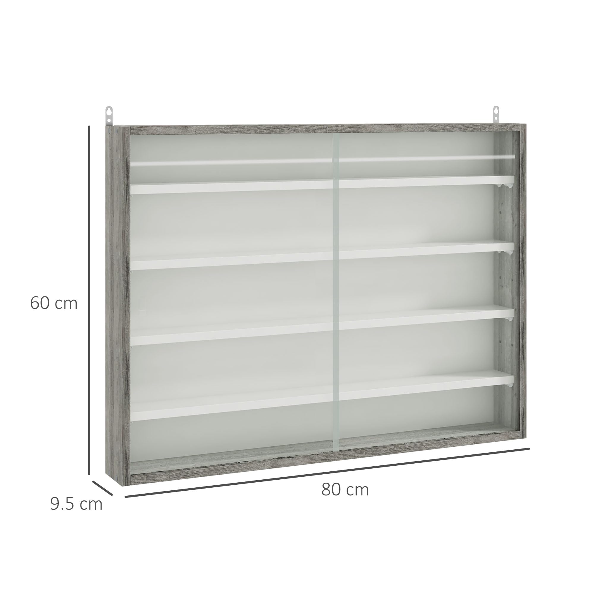 HOMCOM 5-Tier Wall Mounted Display Cabinet - Grey Wood Grain | Adjustable Shelves | Glass Doors 3