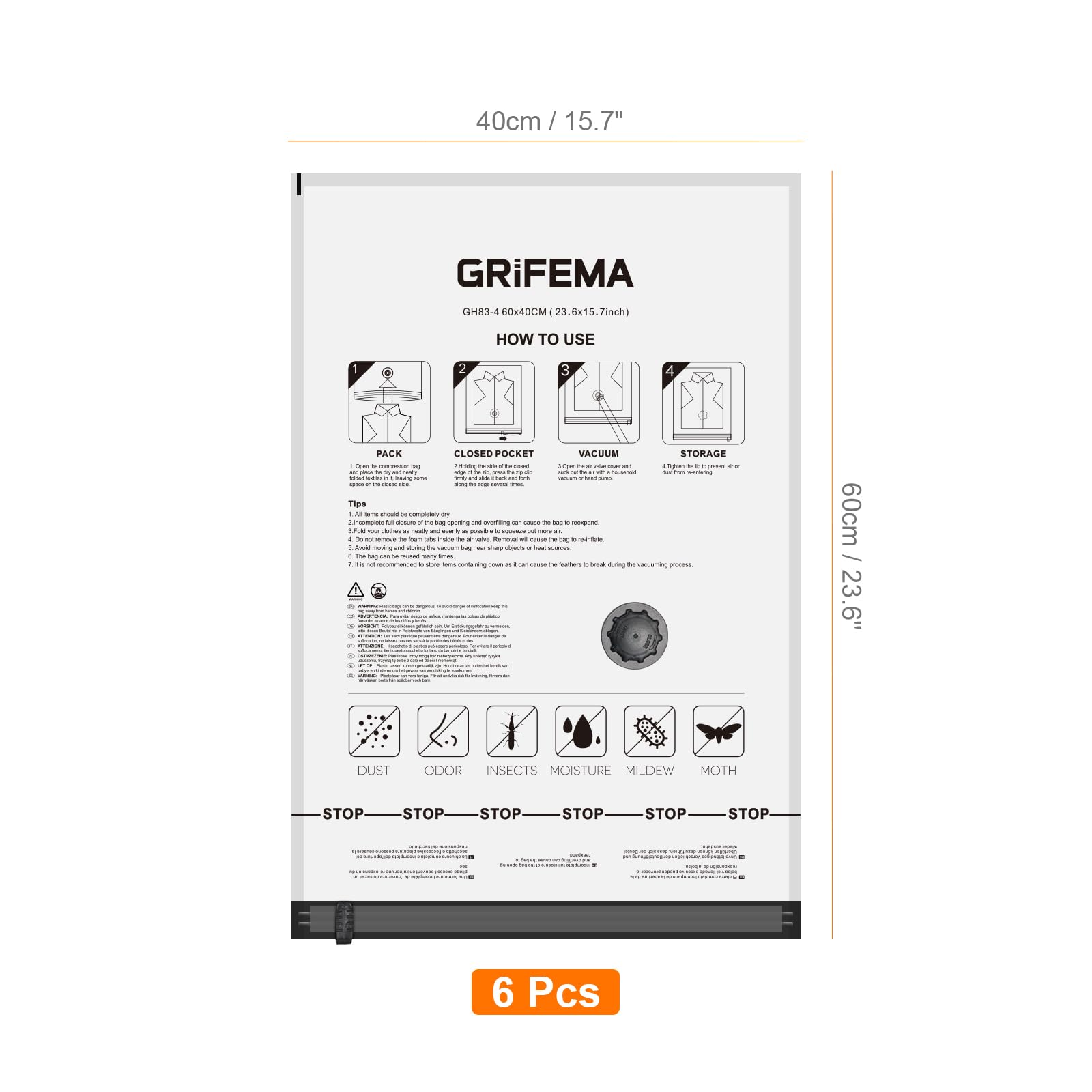 GRIFEMA GH83-4 Space Saver Bags - 6 Pack, 60x40 cm Reusable Compression for Clothing Storage 8