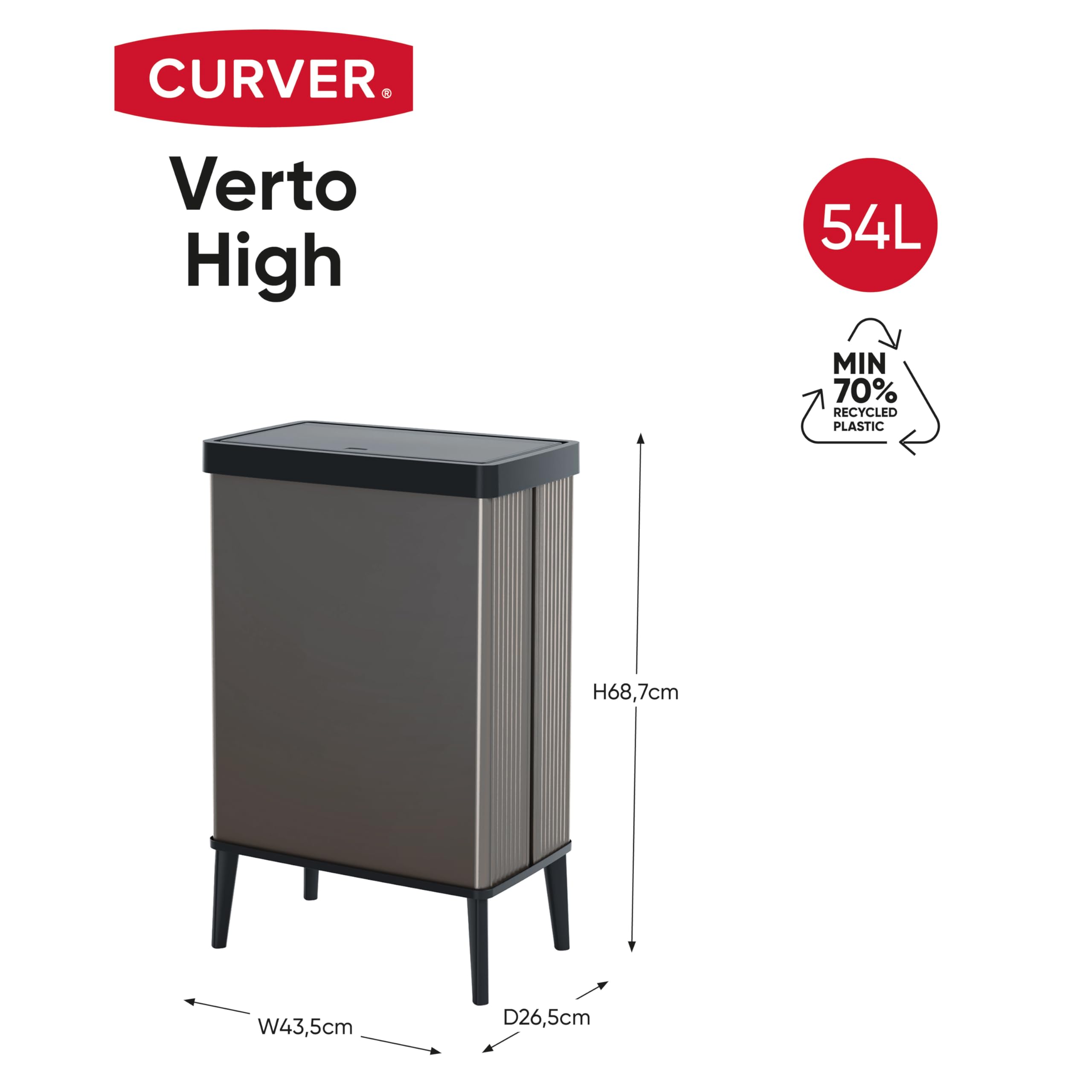 CURVER Verto 54L Waste Bin - Push Lid | Pearl Grey | Recyclable Plastic 7