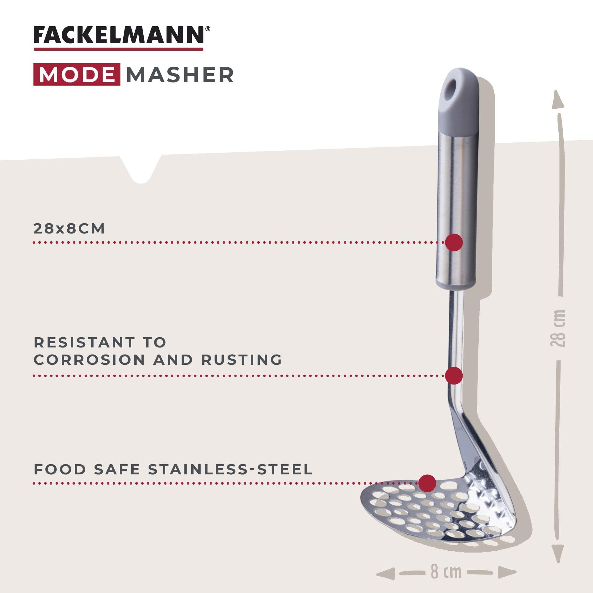 Fackelmann MODE Potato Masher - Stainless Steel | Heat-Resistant Handle | Dishwasher Safe 2