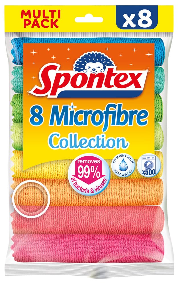 Spontex Microfibre Cleaning Cloths - 8 Pack | Super Absorbent | Removes 99% Bacteria | 30x30cm 1