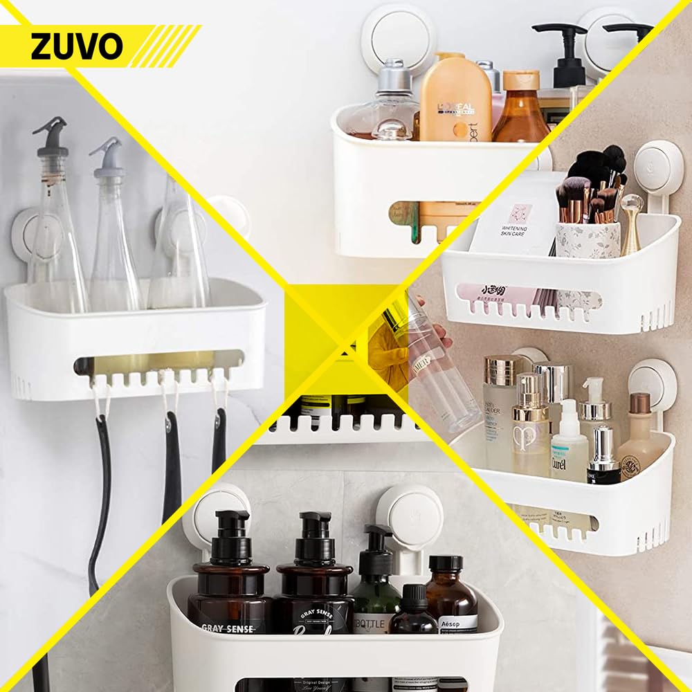 Zuvo No Drill Shower Caddy Basket with Suction Cups | Rustproof Plastic Organizer | White 8