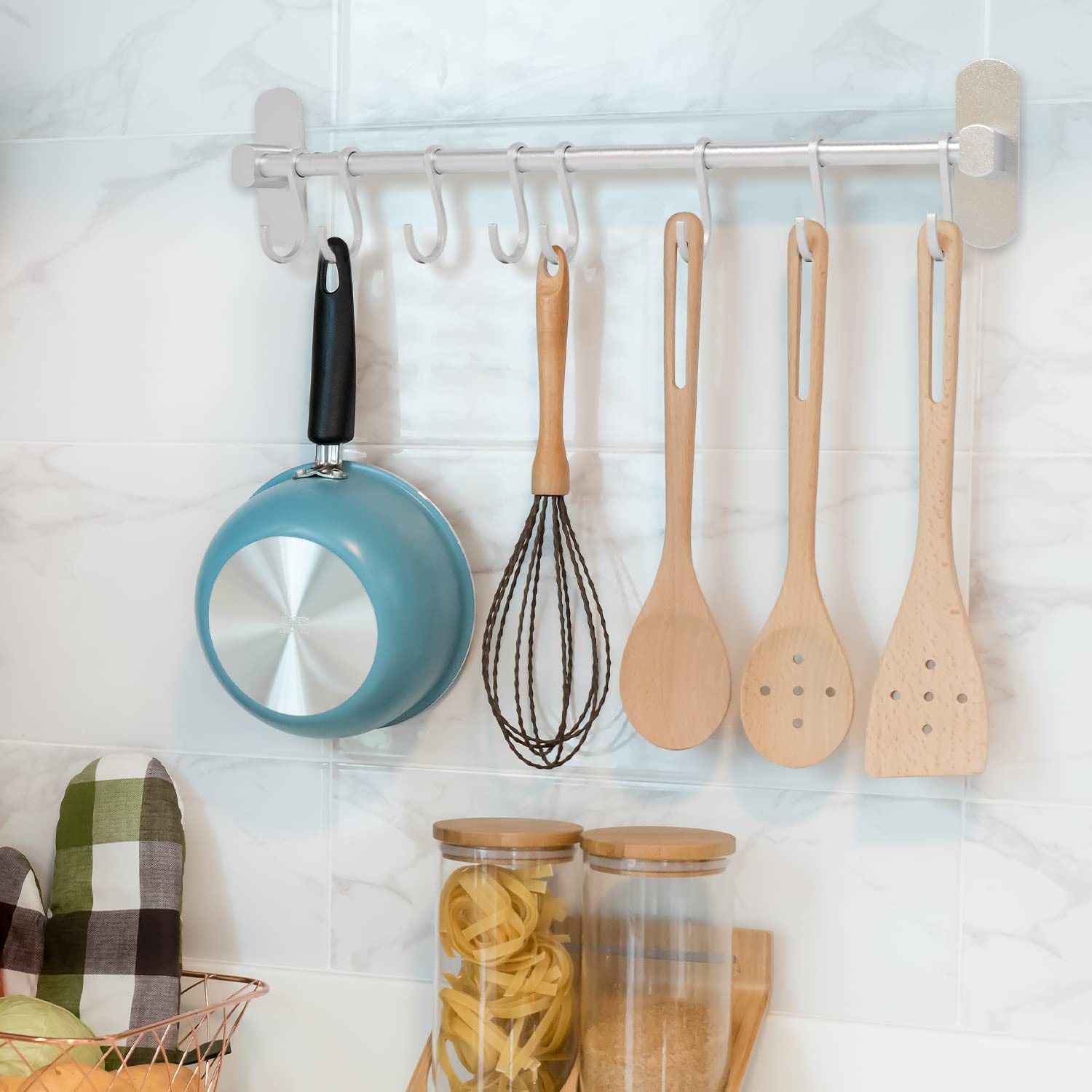 joeji's Kitchen Aluminium Utensil Rack 40cm - 8 Movable Hooks | Drill-Free Installation | Silver 6