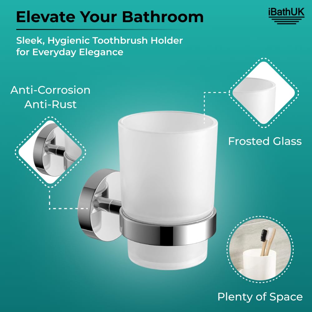 iBathUK Modern Chrome Toothbrush Holder Wall Mounted with Glass Tumbler | Easy Install | 1 Year Warranty 4