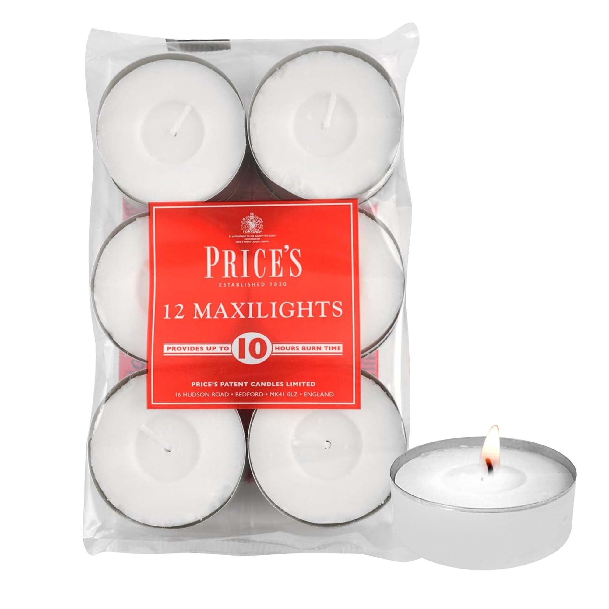 Price's Maxi Tealights - Unscented White Wax Candles | 10 Hour Burn Time | 12 Pack 1