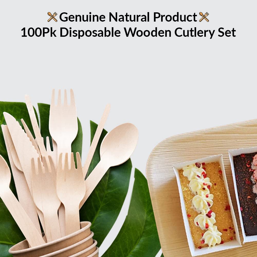 1ABOVE 100 Pk Disposable Wooden Cutlery Set - Biodegradable & Sturdy for Hot/Cold Foods 5