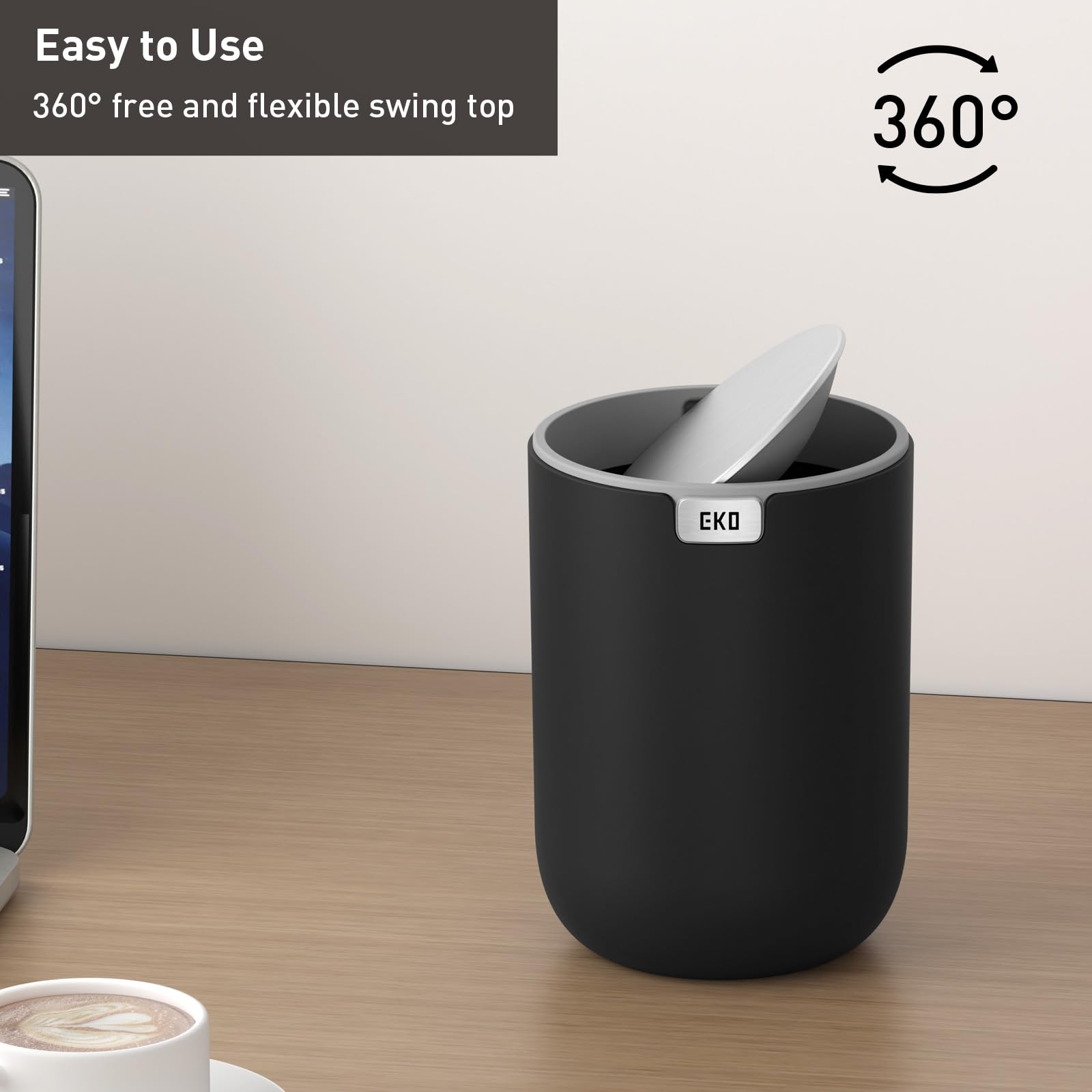 EKO Fandy Table Bin - 1.5L Mini Desk Rubbish Bin with Swing-Top Lid | Black Plastic 4
