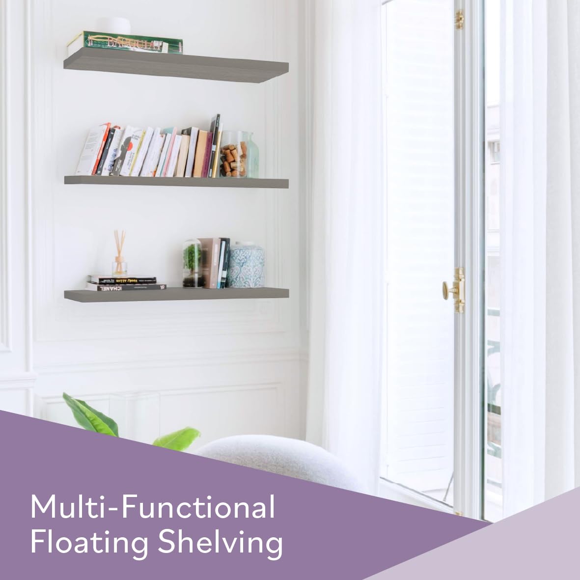 Anika Floating Shelf - Grey High Gloss Finish | 60cm x 23cm | 3.8cm Thick Hollowboard | Max Load 15KG 4