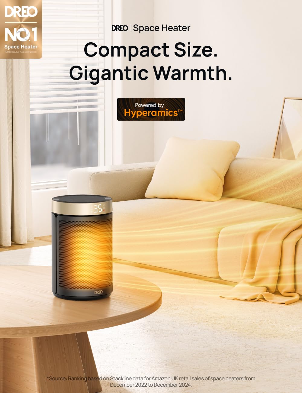 Dreo Electric Space Heater - 1500W, Silent Operation (34dB), Gold, Smart Thermostat Control