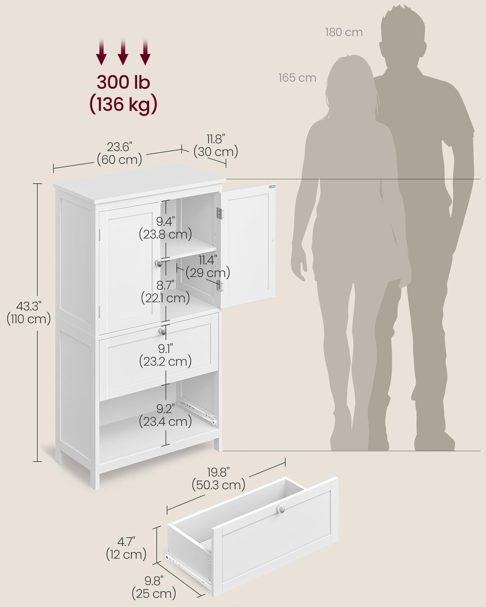 VASAGLE Freestanding Bathroom Storage Cabinet - White | Adjustable Shelf | 30x60x110 cm 3