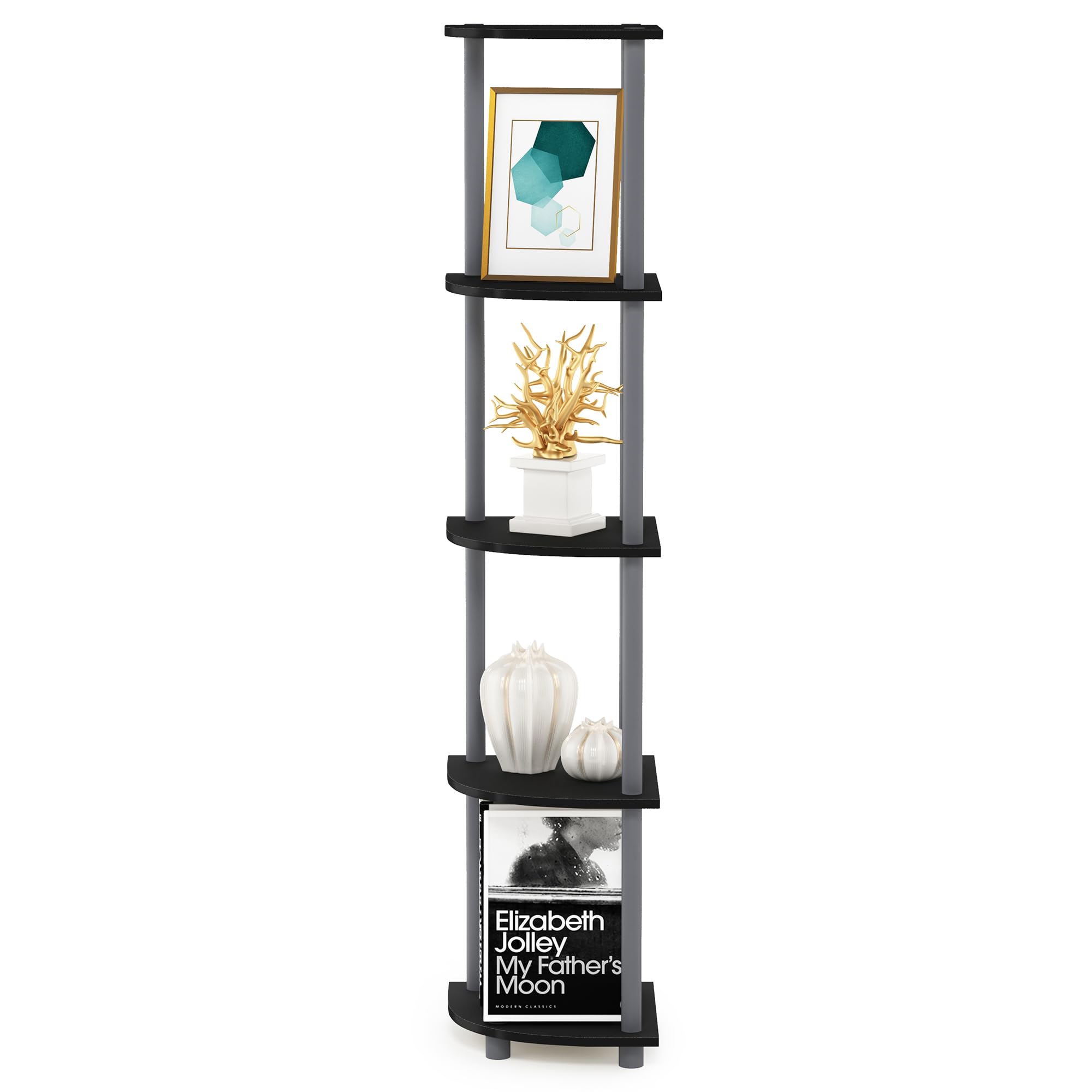 Furinno TURN-N-TUBE 5-Tier Corner Shelf Bookshelf | Black/Grey | Freestanding 5