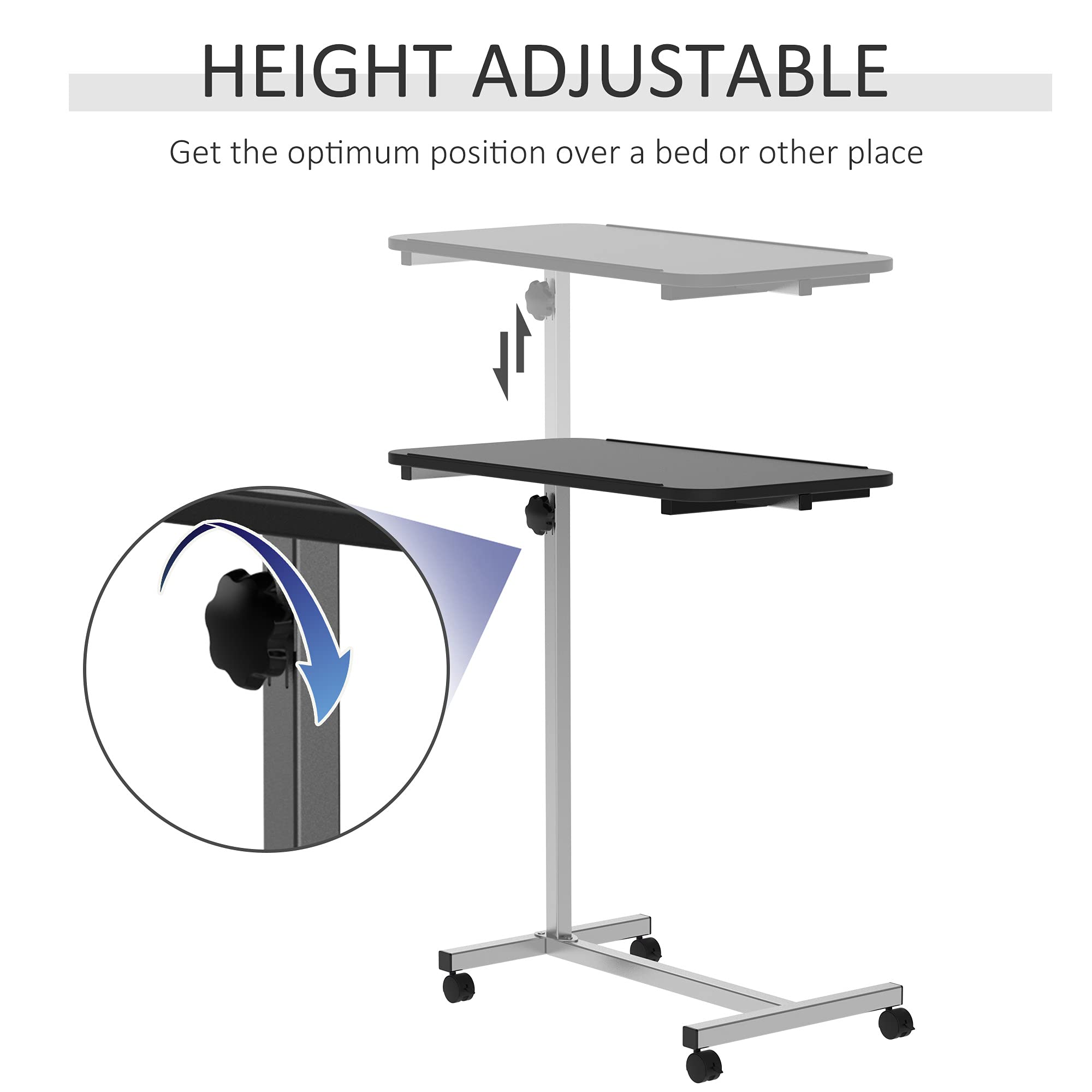 HOMCOM Height Adjustable C-Shape Over Bed Table with Wheels | 77L x 40W cm | 20kg Capacity 5