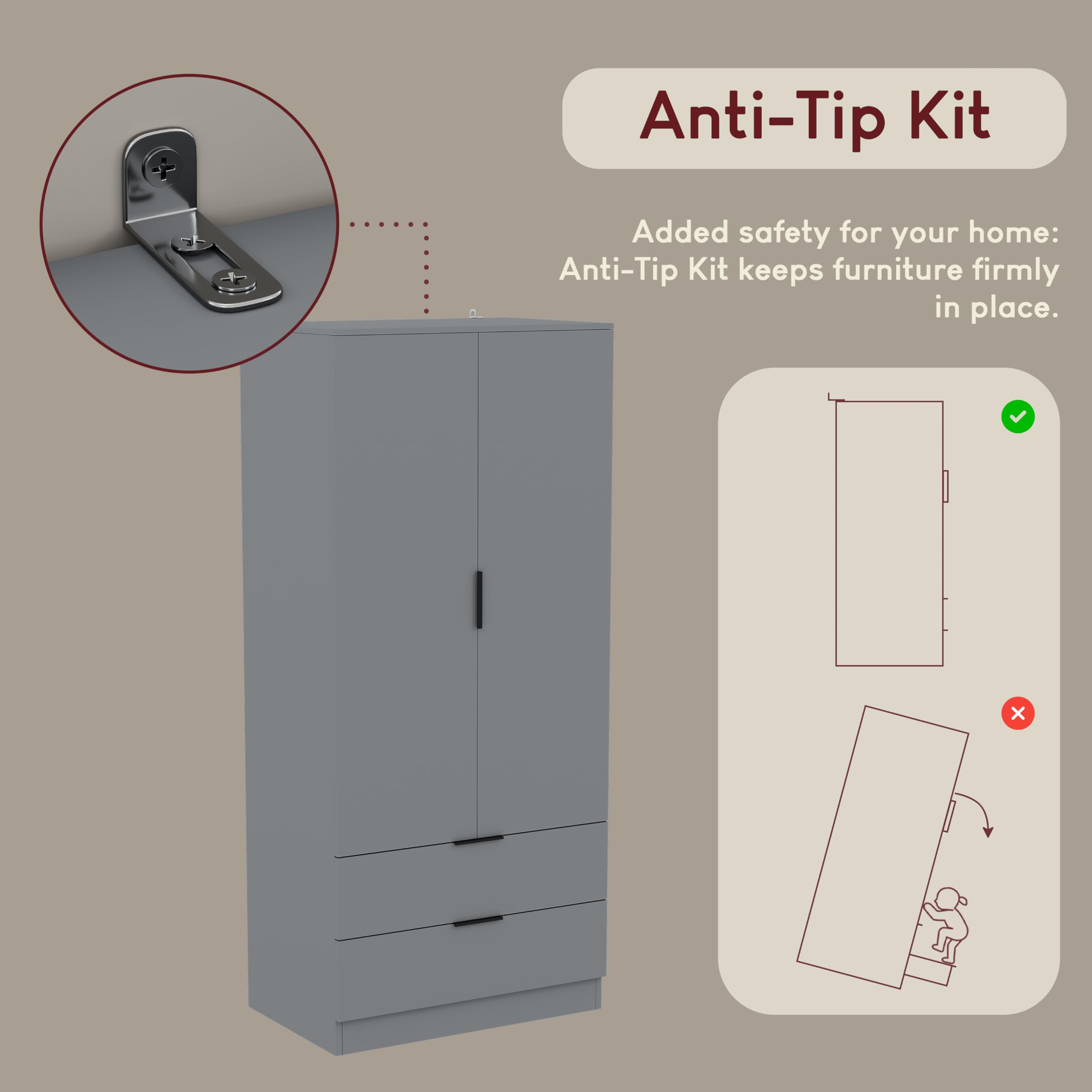 Vida Designs Trega Wardrobe - 2 Door 2 Drawer | Grey Finish | 170cm H x 76cm W 7