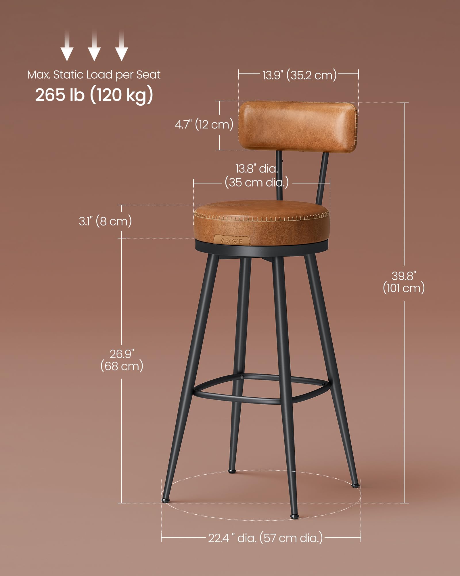VASAGLE EKHO Collection Bar Stools - Set of 2 Swivel Counter Chairs | Caramel Brown | 57x57x101 cm 3