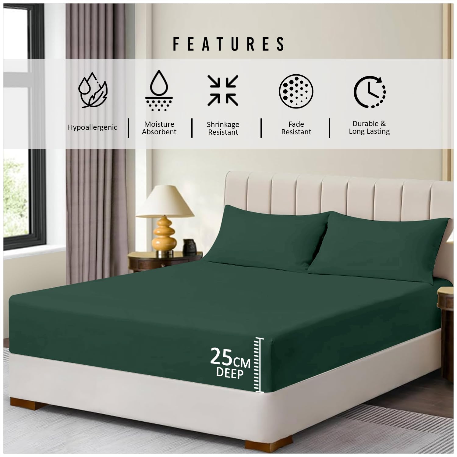 Super Dreamer 100% Polyester Fitted Sheet - King Size Deep Pocket (25cm) | Dark Green | Soft & Smooth 4