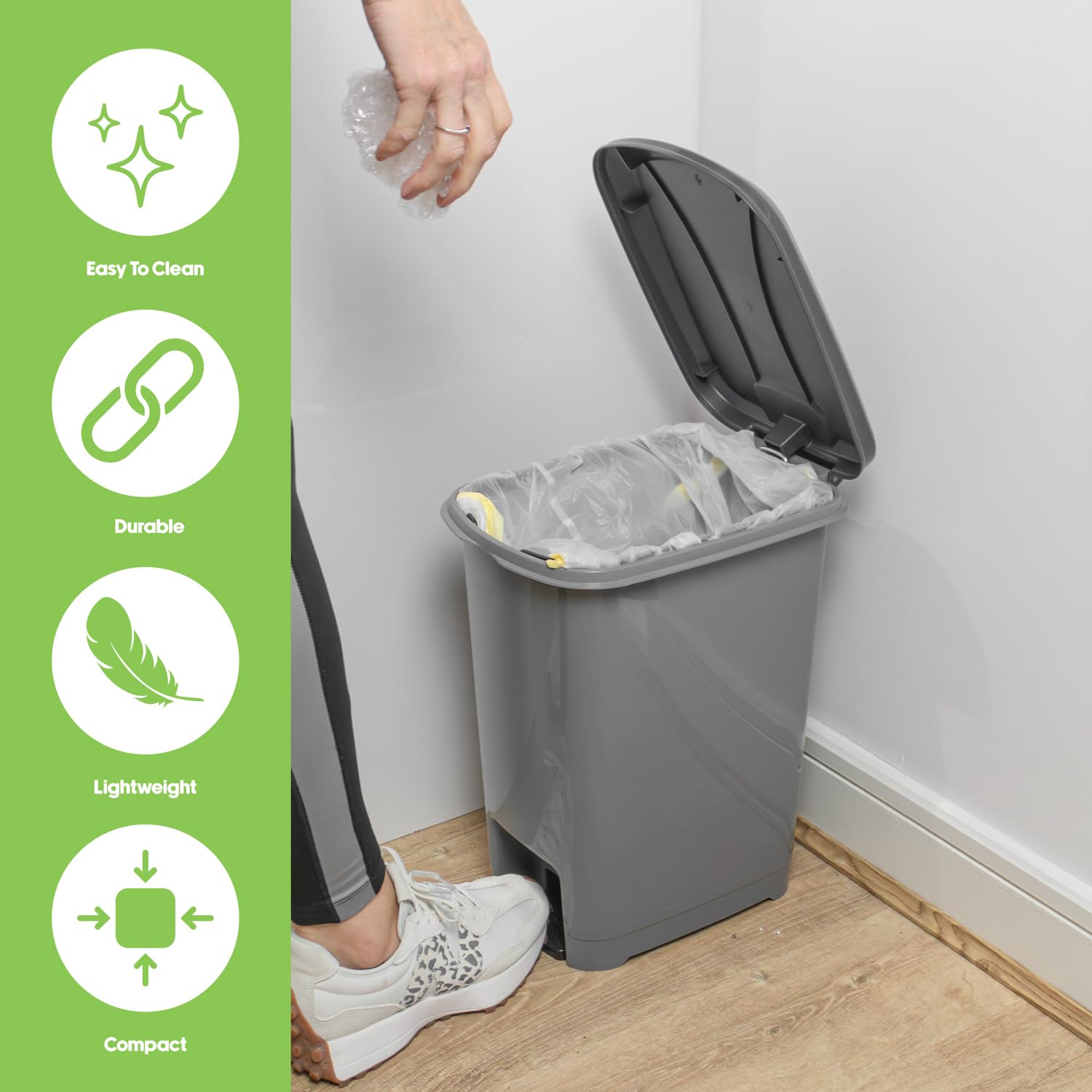 JVL Slim Plastic Lidded Foot Pedal Waste Bin - 15L Capacity | Grey | BPA Free 11