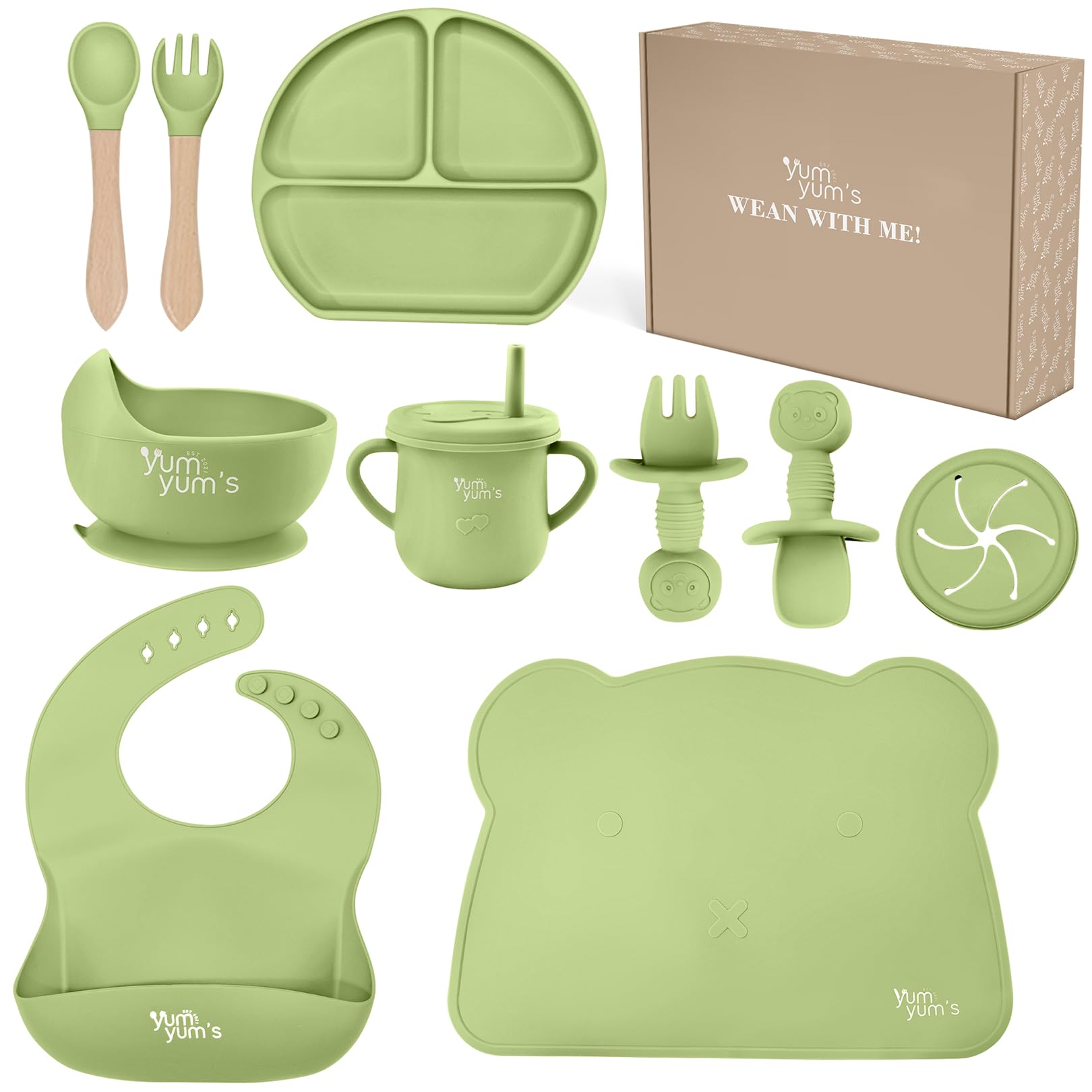 Yum Yum's Baby Weaning Set - 10 Pieces, Silicone, Mint Green | Promotes Self-Feeding 1
