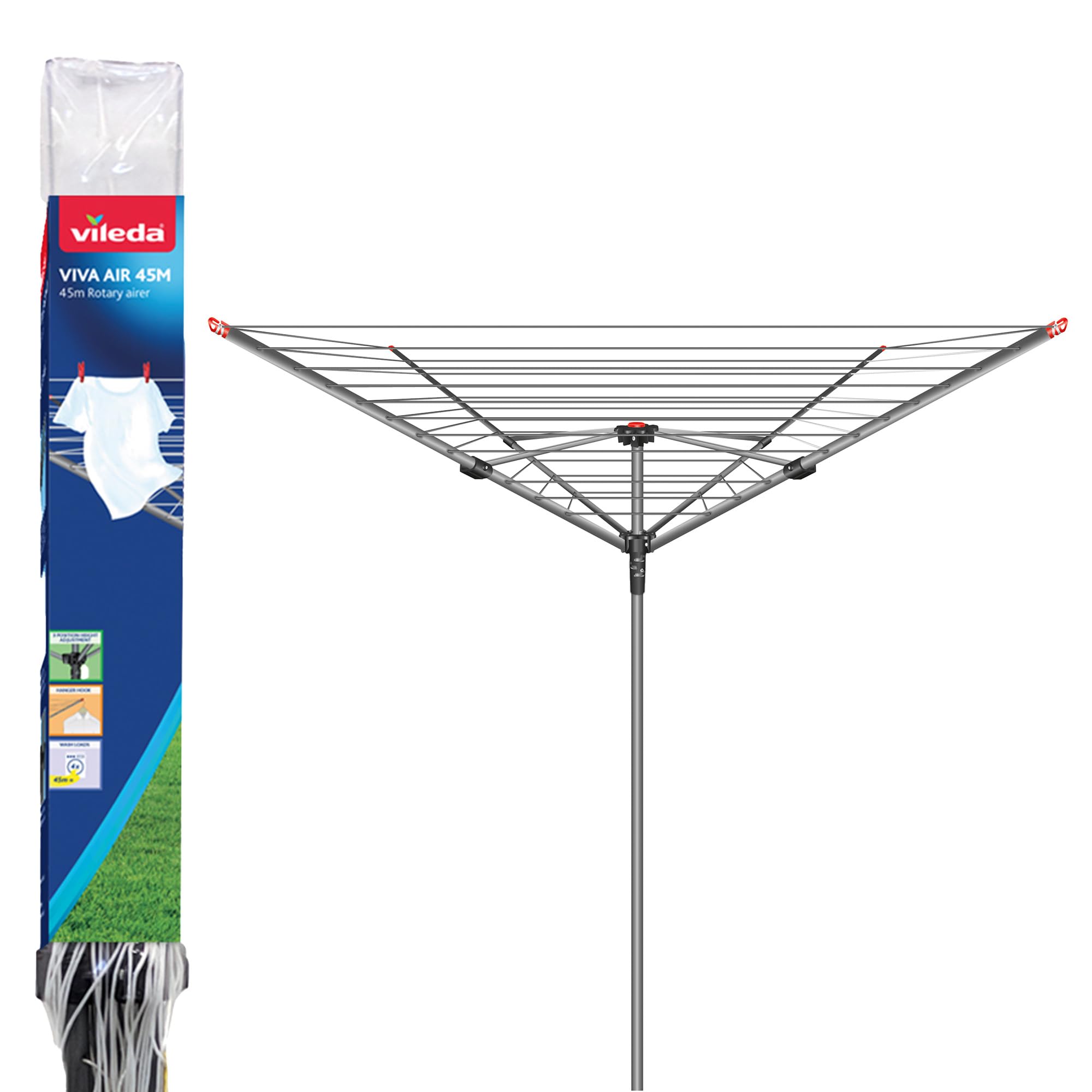 Vileda 4 Arm Rotary Dryer - 45m Line Space | 3-Position Height Adjustment | Carbon Steel 1