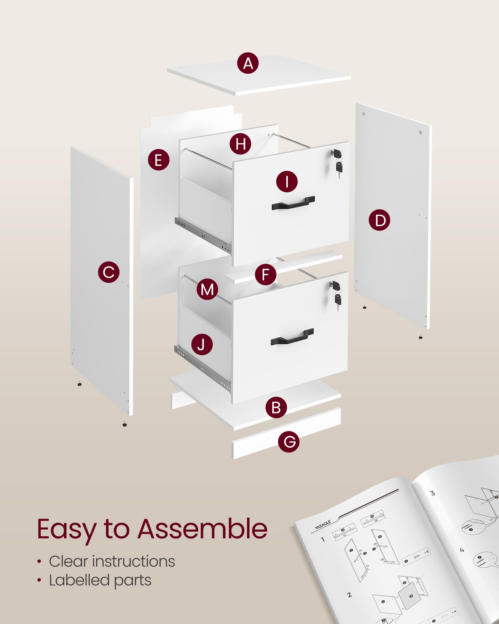 VASAGLE Vertical File Cabinet - 2 Lockable Drawers | A4/Letter Size | Cloud White 6