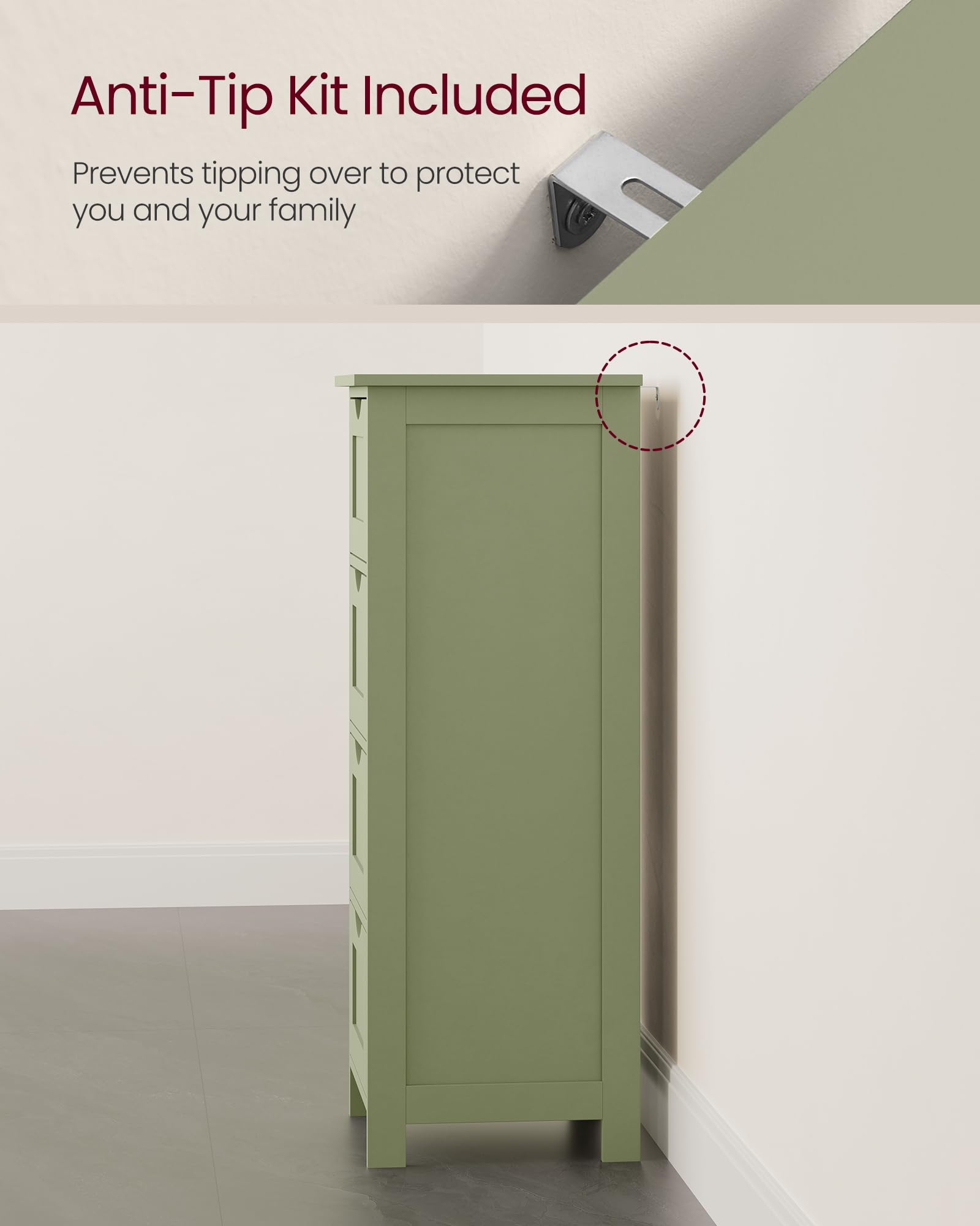 VASAGLE Bathroom Floor Storage Cabinet - 4 Drawers | 30 x 30 x 82 cm | Laurel Green | MDF 6