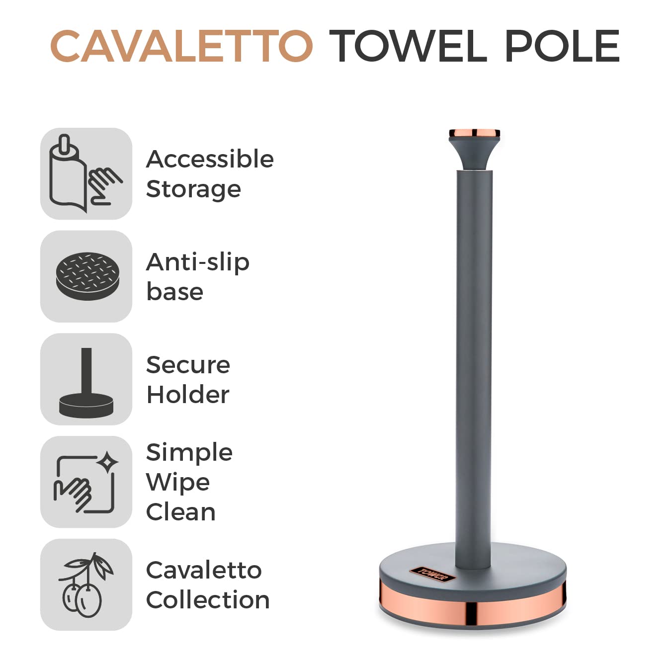 Tower Cavaletto Metal Paper Towel Holder - Stable Base | Fits Standard Rolls | Grey/Rose Gold 2