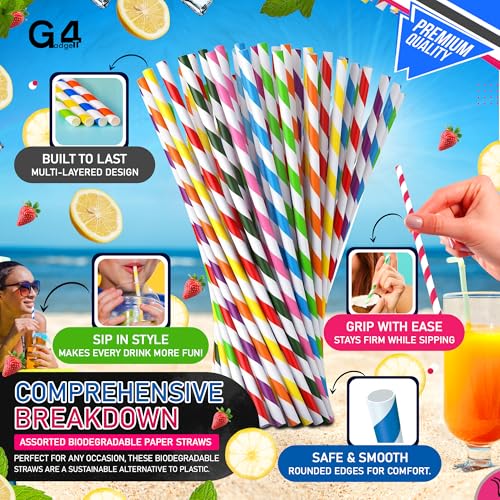 G4GADGET 250-Pack Assorted Biodegradable Paper Straws - Sturdy, Multi-Colored for Drinks & Crafts 3