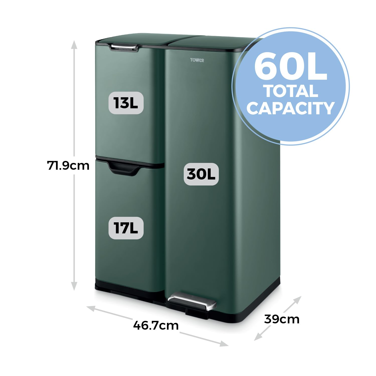 Tower Recycling Pedal Bin - 60L Capacity | 3 Compartments | Carbon Steel | Forest Green 6
