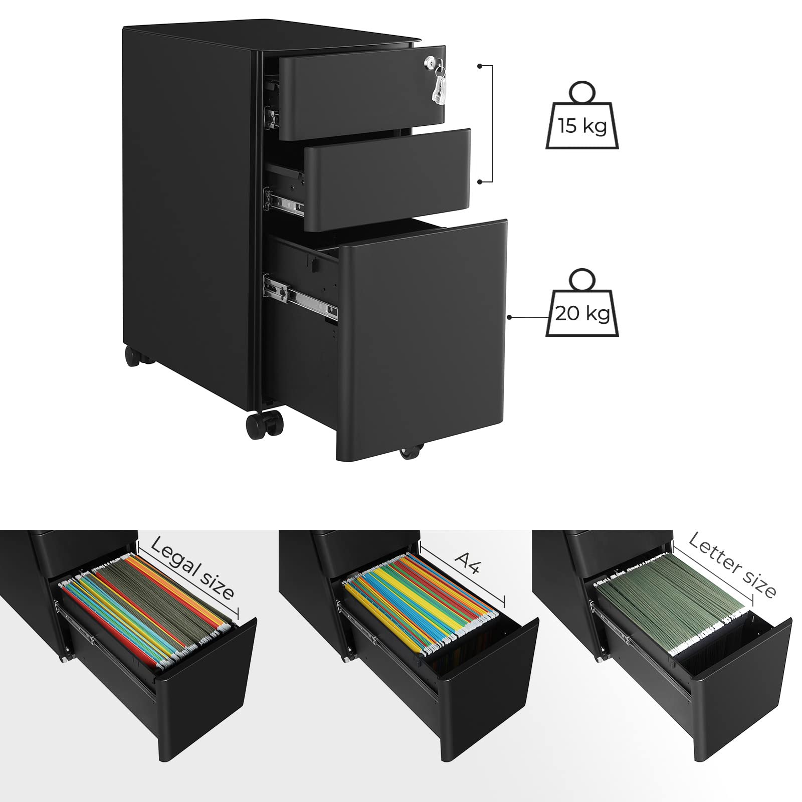 SONGMICS Mobile File Cabinet - 3 Drawers, Lockable, Wheeled | Steel Construction | Black 5