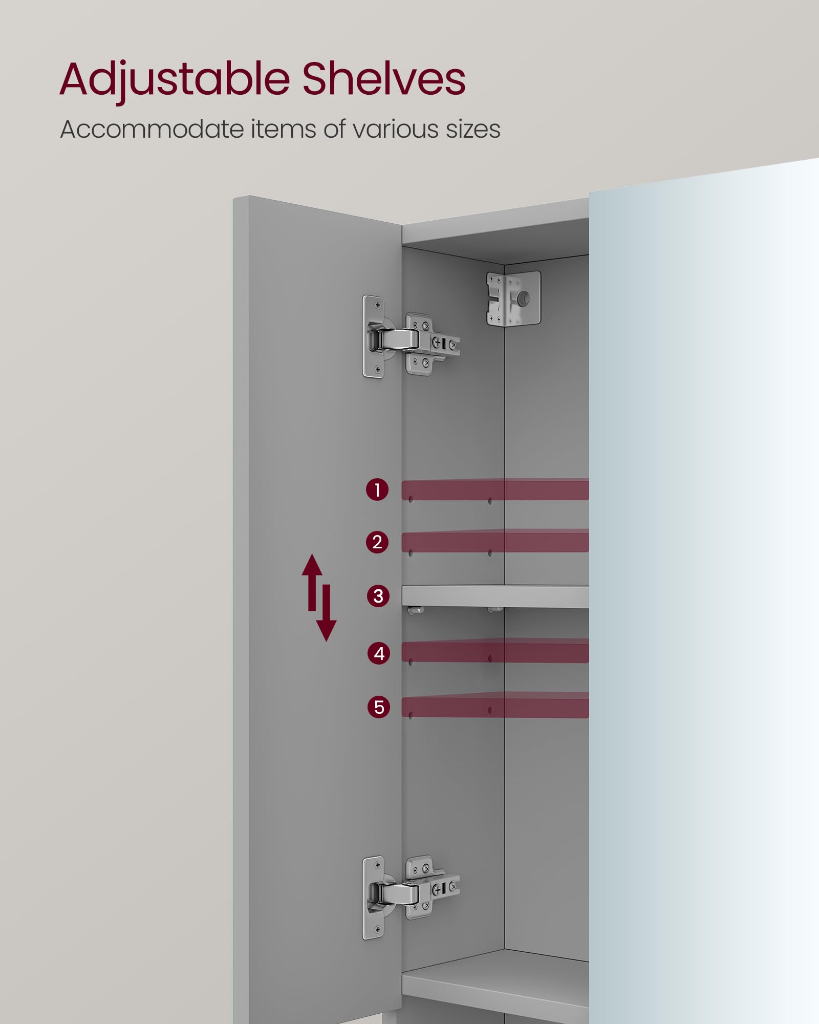 VASAGLE KAILYN Bathroom Mirror Cabinet - Dove Grey | 70W cm | Adjustable Shelves 6