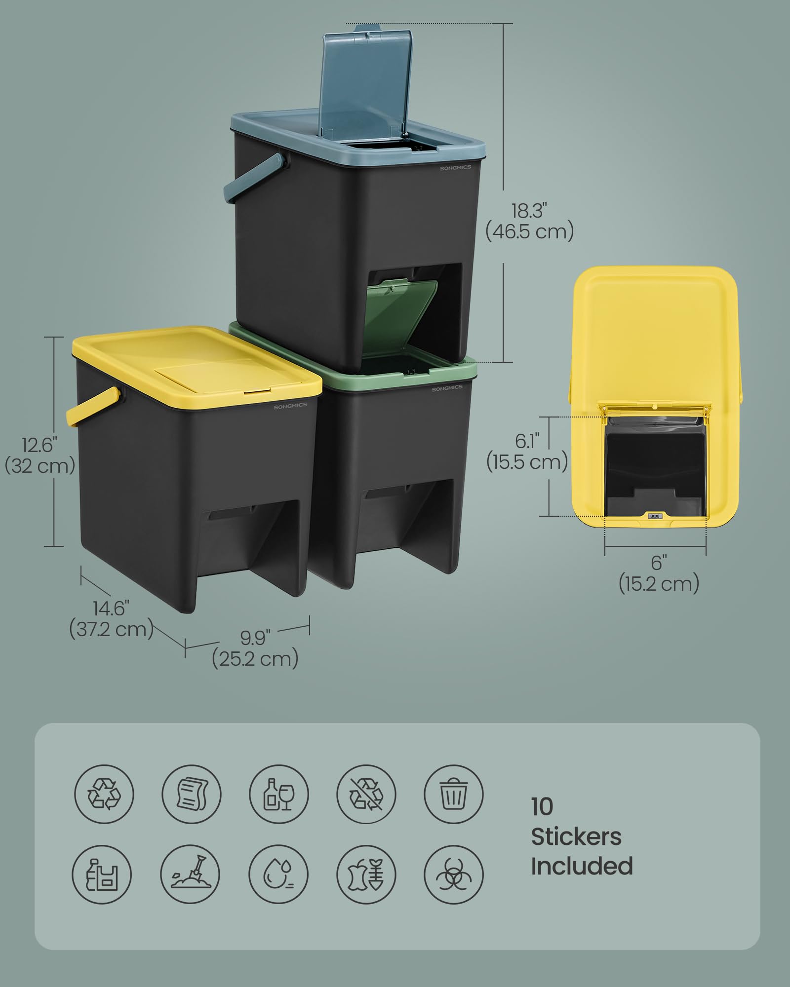 SONGMICS Waste Separation System - Set of 3 Stackable Kitchen Bins | 20 L Each | Press-to-Open 3