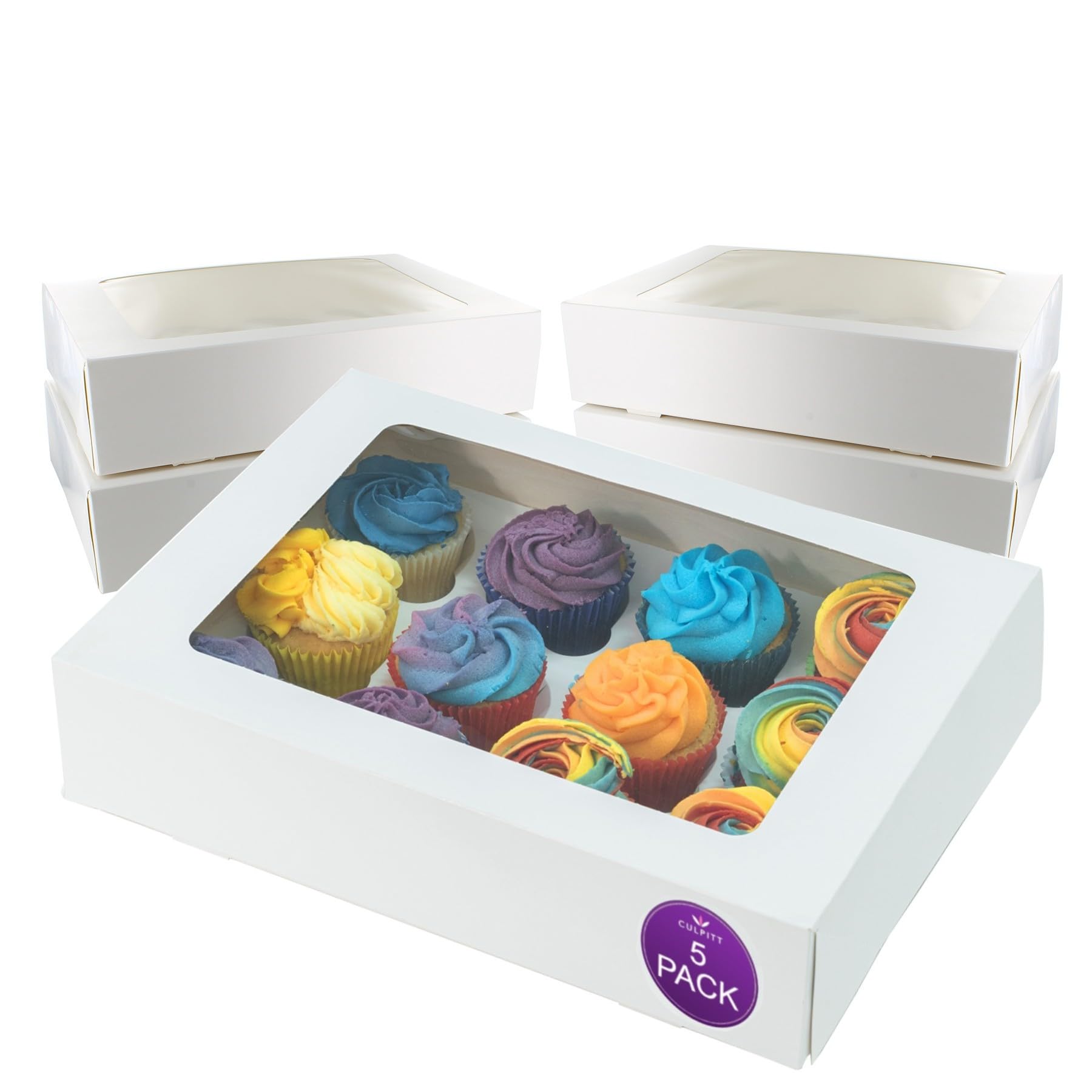 Culpitt 12 Hole Cupcake Boxes - 5 Pack White Card Carrier with Clear Window | Sturdy Design 1