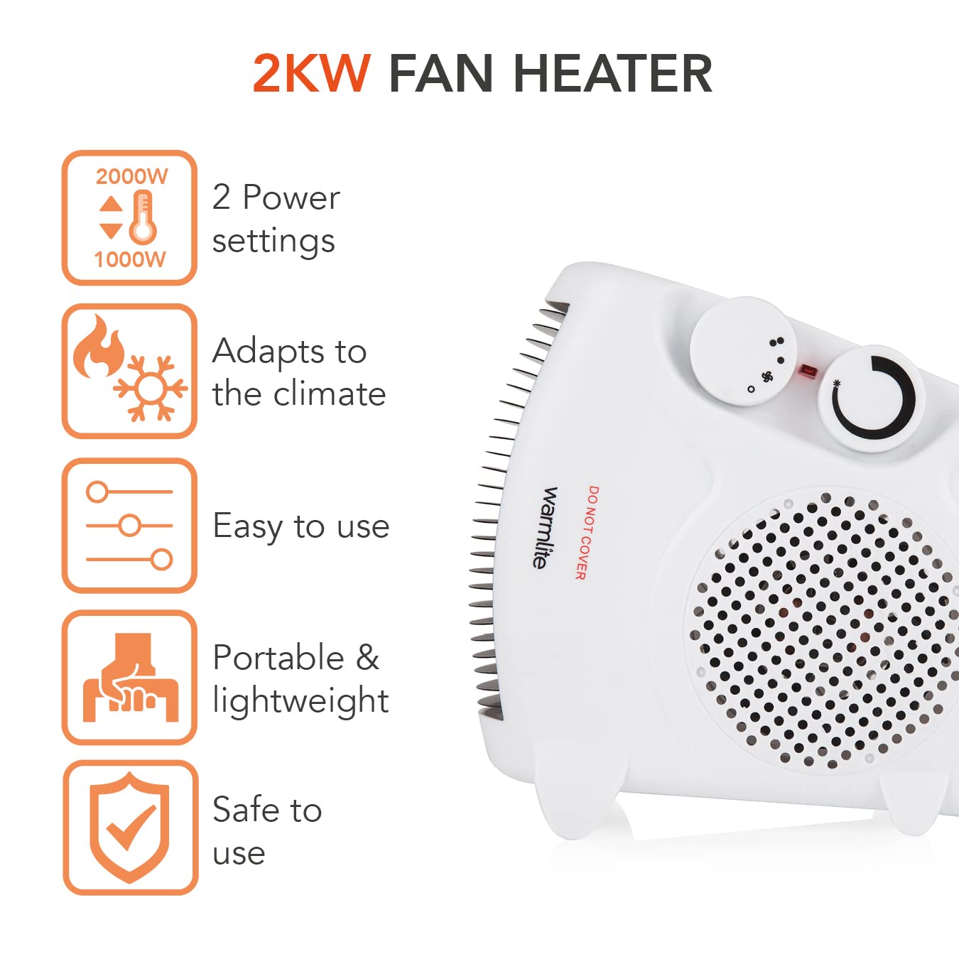 Warmlite WL44001 Thermo Fan Heater - 2000W Max Power | 2 Heat Settings | Portable 2