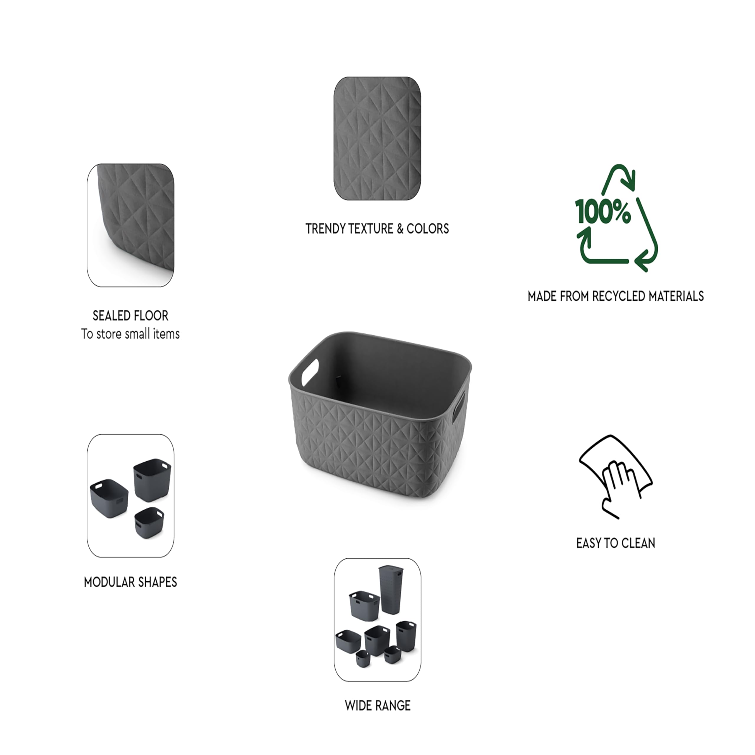 CURVER Softex Storage Baskets - 12.5L Capacity, Set of 4, 100% Recycled Resin | Dark Grey 8