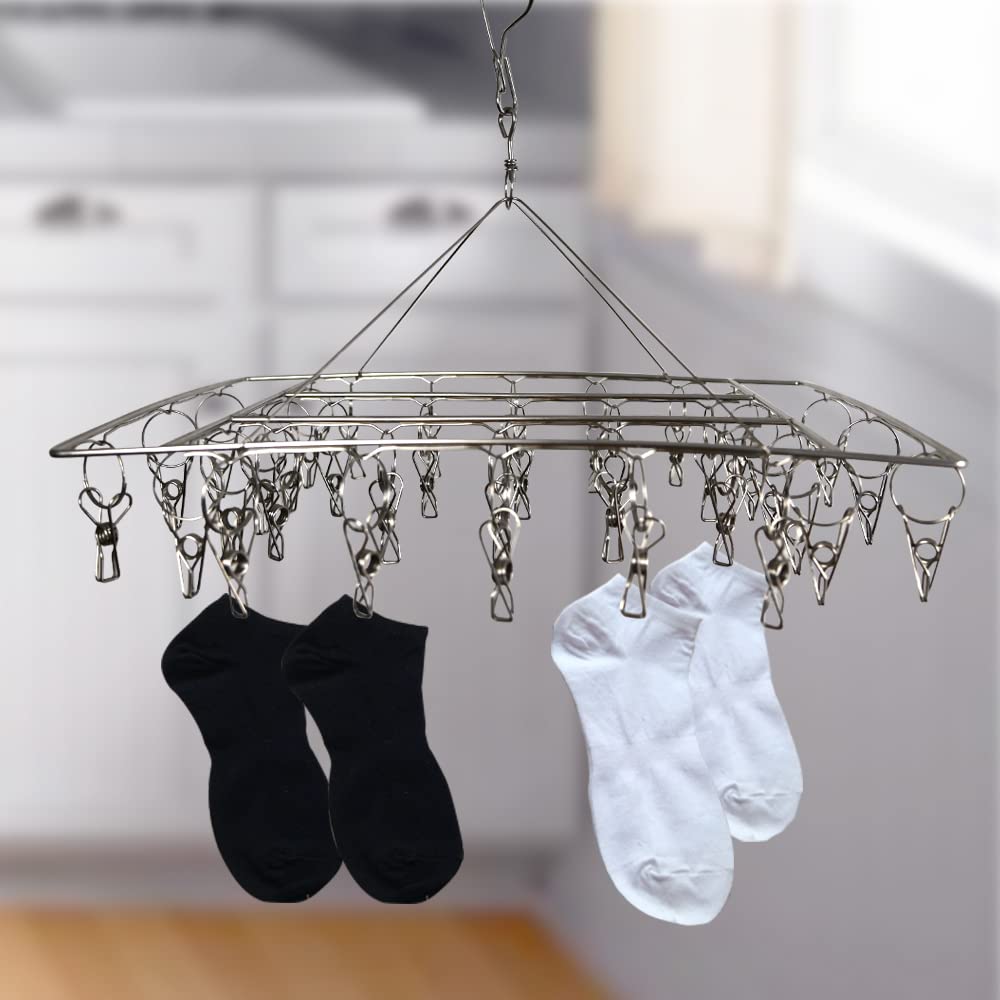 RAM ONLINE Stainless Steel Sock Drying Rack with 36 Pegs | 360° Rotation | Lightweight & Portable 3