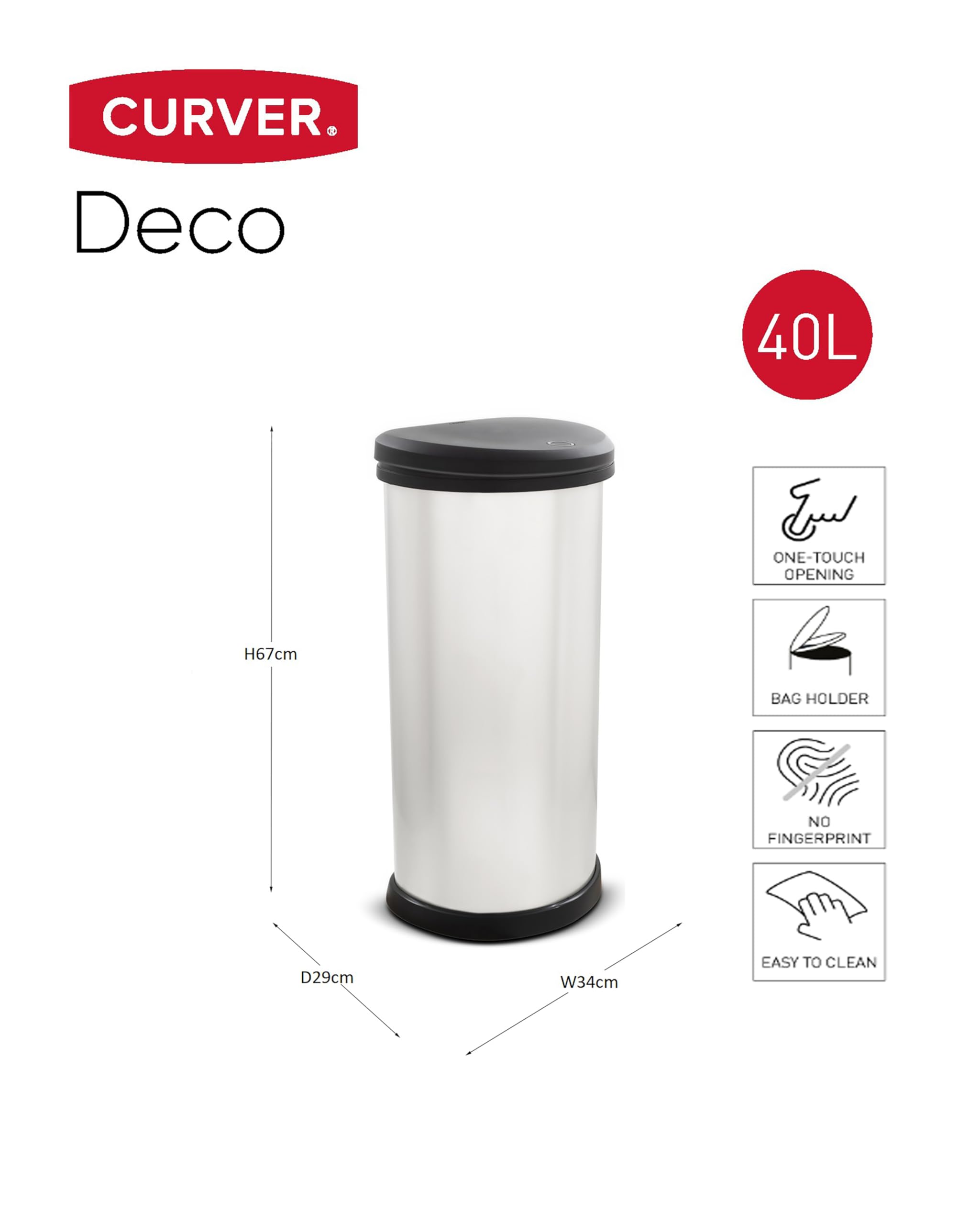 CURVER Metal Effect One Touch Deco Bin - 40 Litre Capacity | Silver | 70% Recycled Plastic 8
