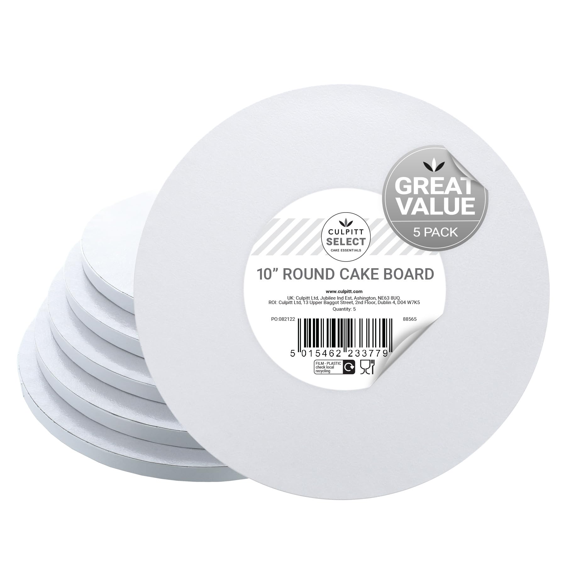 Culpitt Select 10 inch Round White Cake Boards - 12mm Thick, Pack of 5 1