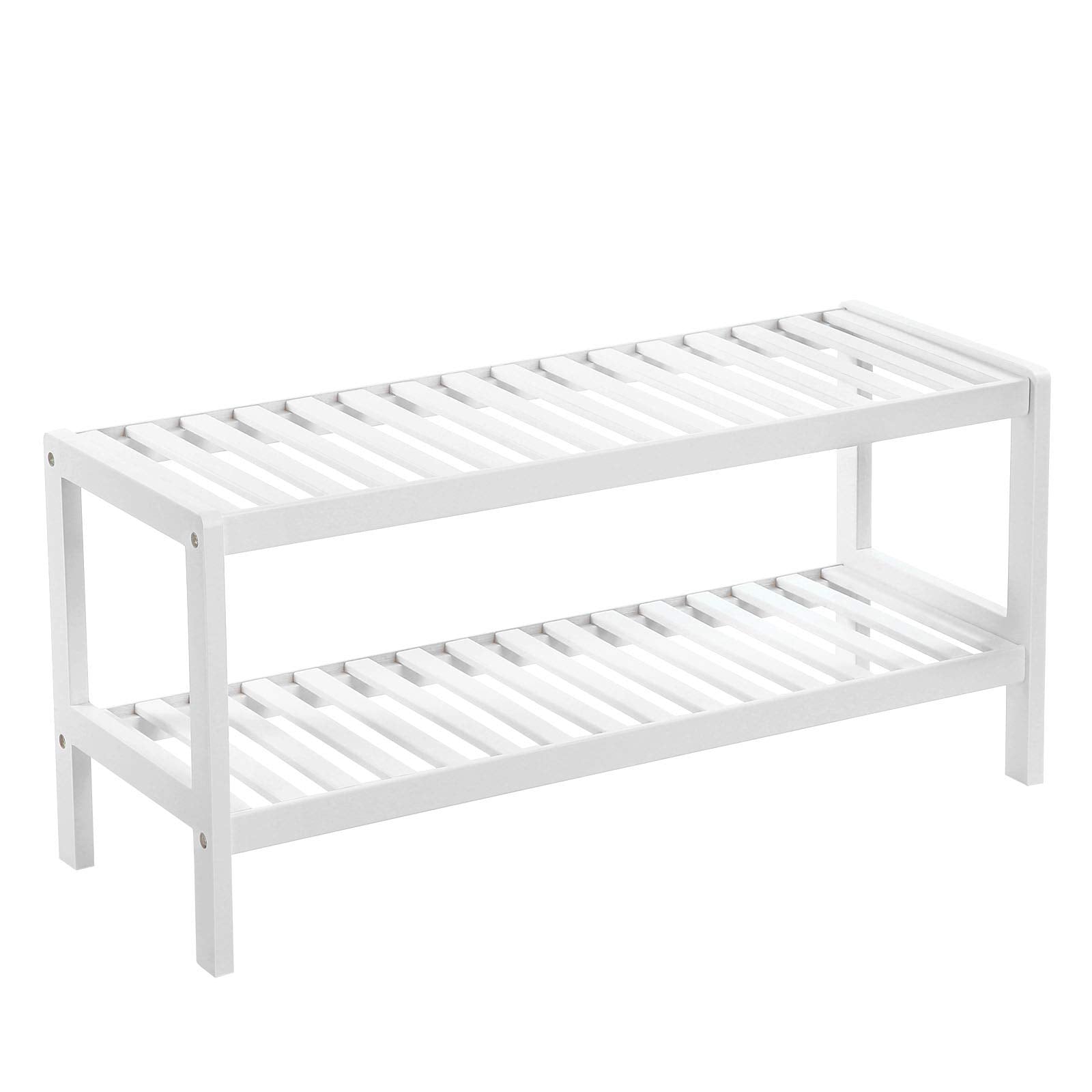 SONGMICS 2 Tier Bamboo Shoe Rack Bench - White Finish | 70 x 26 x 33 cm | 10kg Capacity per Shelf